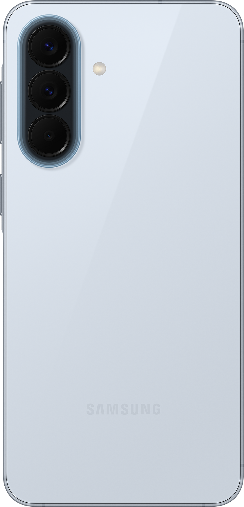Világoskék Samsung okostelefon hátlapja, három kamerával és vakuval.