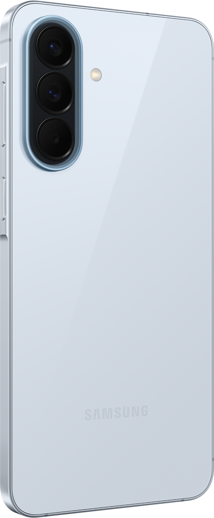 Világoskék Samsung okostelefon hátlapja, három kamerával és vakuval.