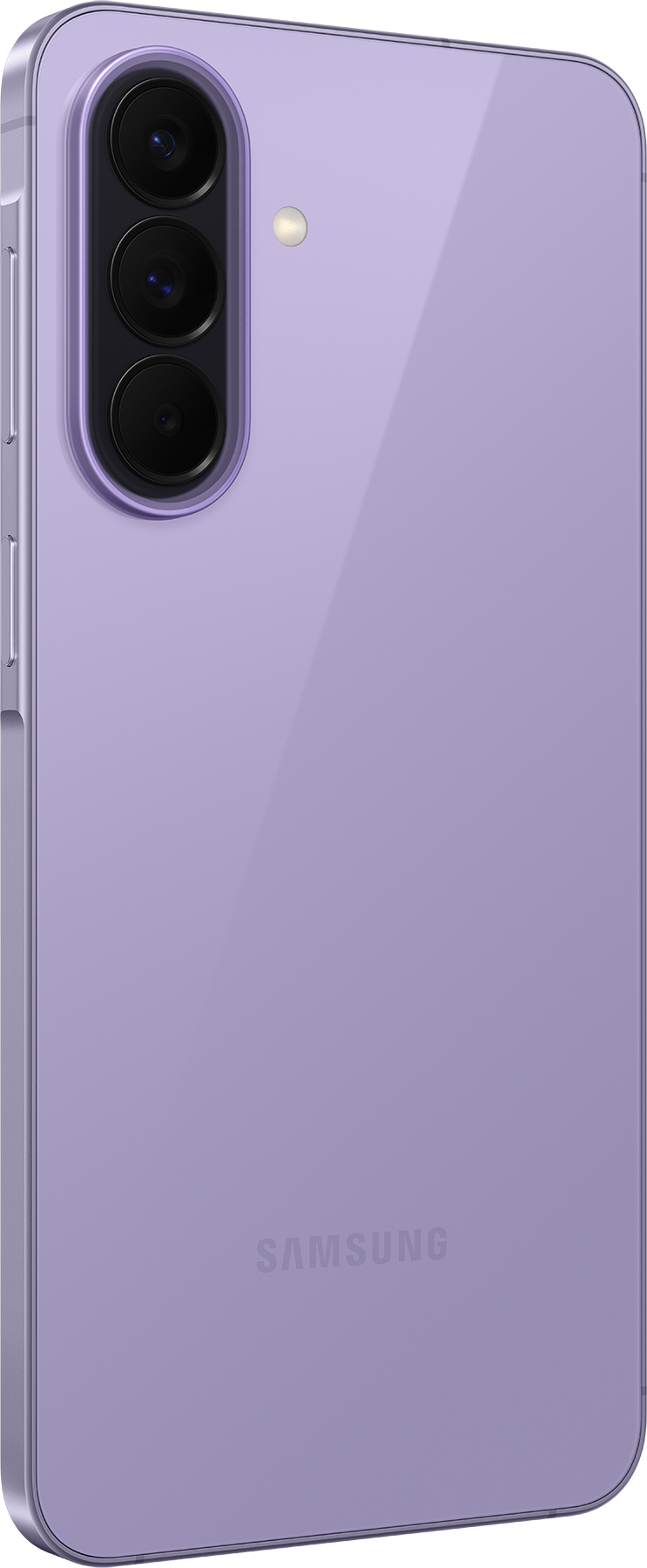 Lila Samsung okostelefon három kamerával és vakuval a hátoldalán.