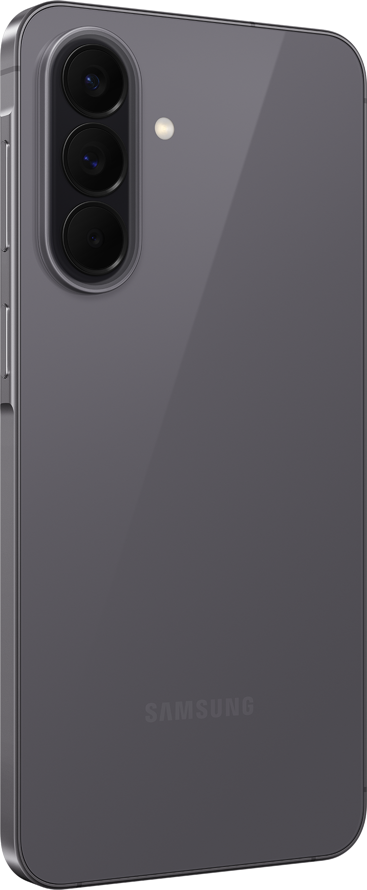 Egy szürke Samsung okostelefon hátoldala három kamerával és vakuval.
