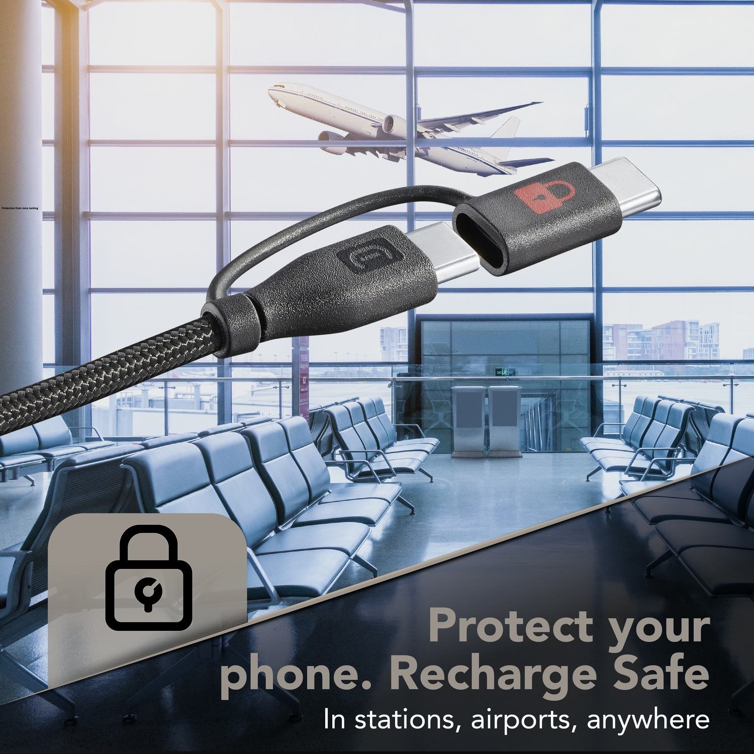 Un cavo di ricarica USB-C con icona di lucchetto su sfondo aeroportuale.