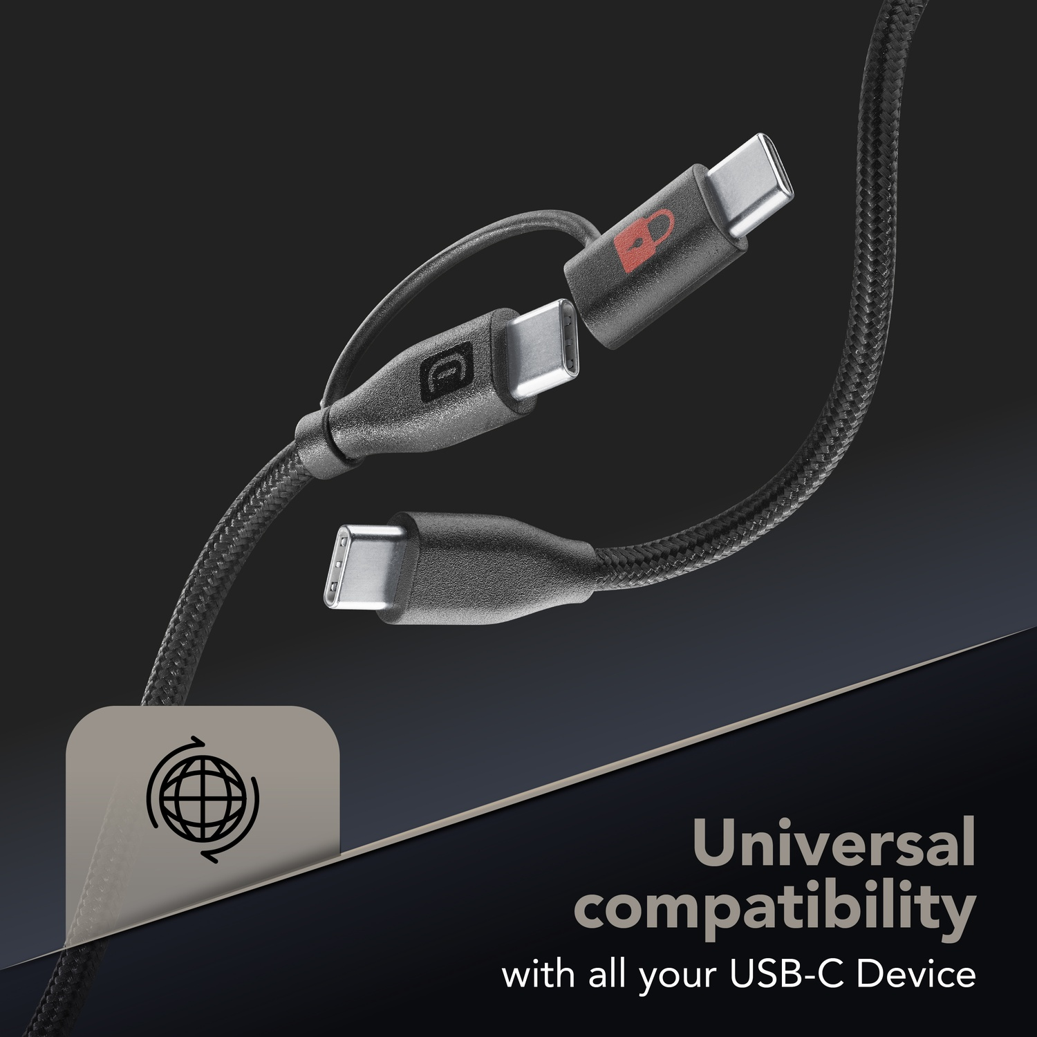 Cavo USB-C nero con due connettori, uno con simbolo lucchetto rosso.