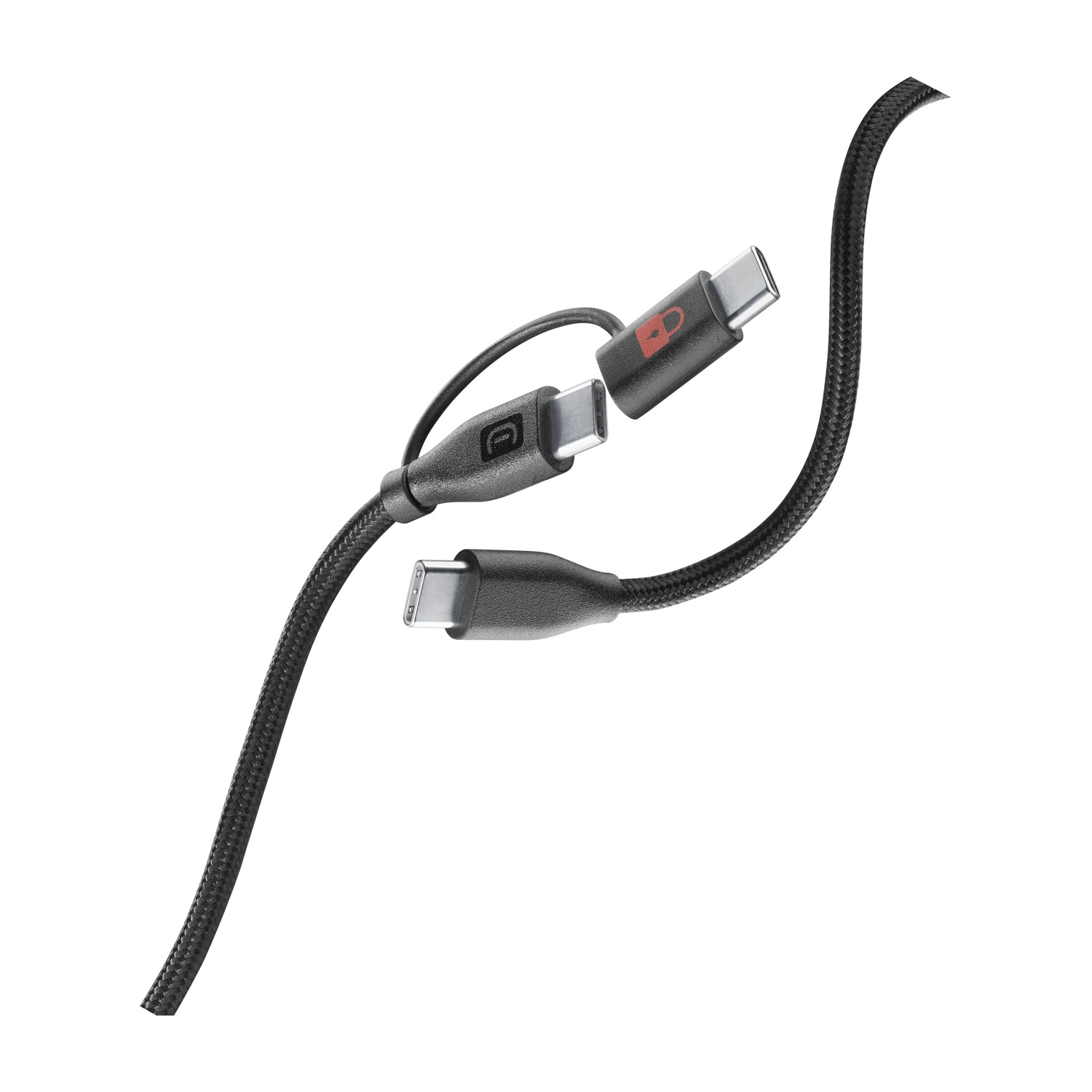 Un cavo USB-C nero con due porte e un simbolo di lucchetto rosso.