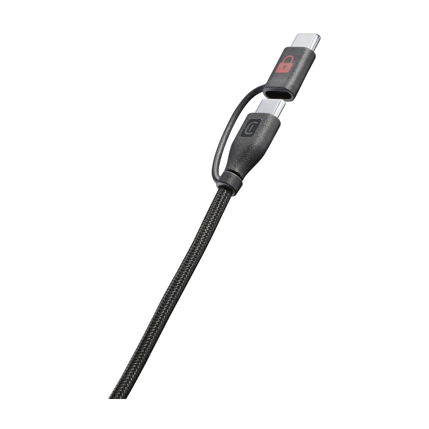 Cavo USB-C nero con due connettori, uno con simbolo lucchetto rosso.