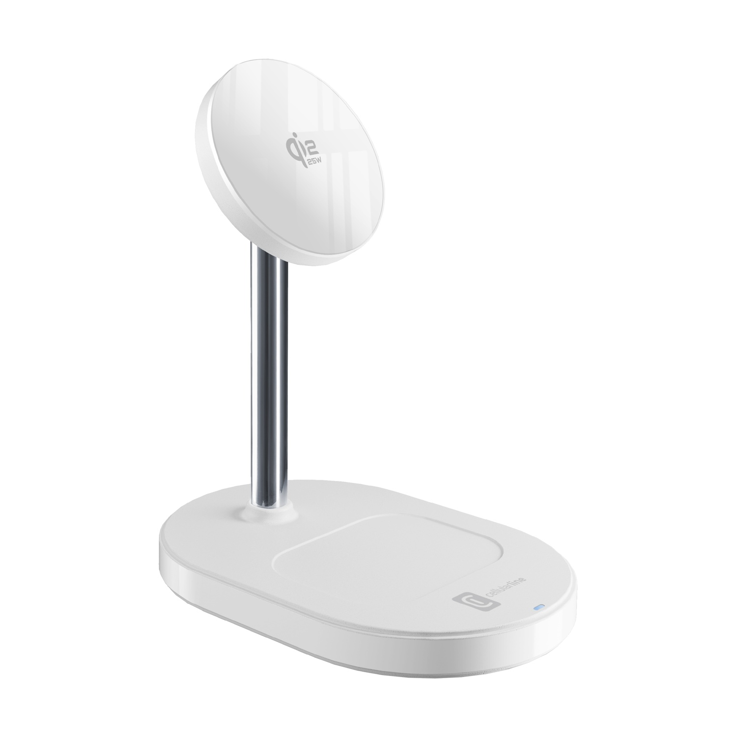 Un caricabatterie wireless bianco con testa rotonda su supporto.