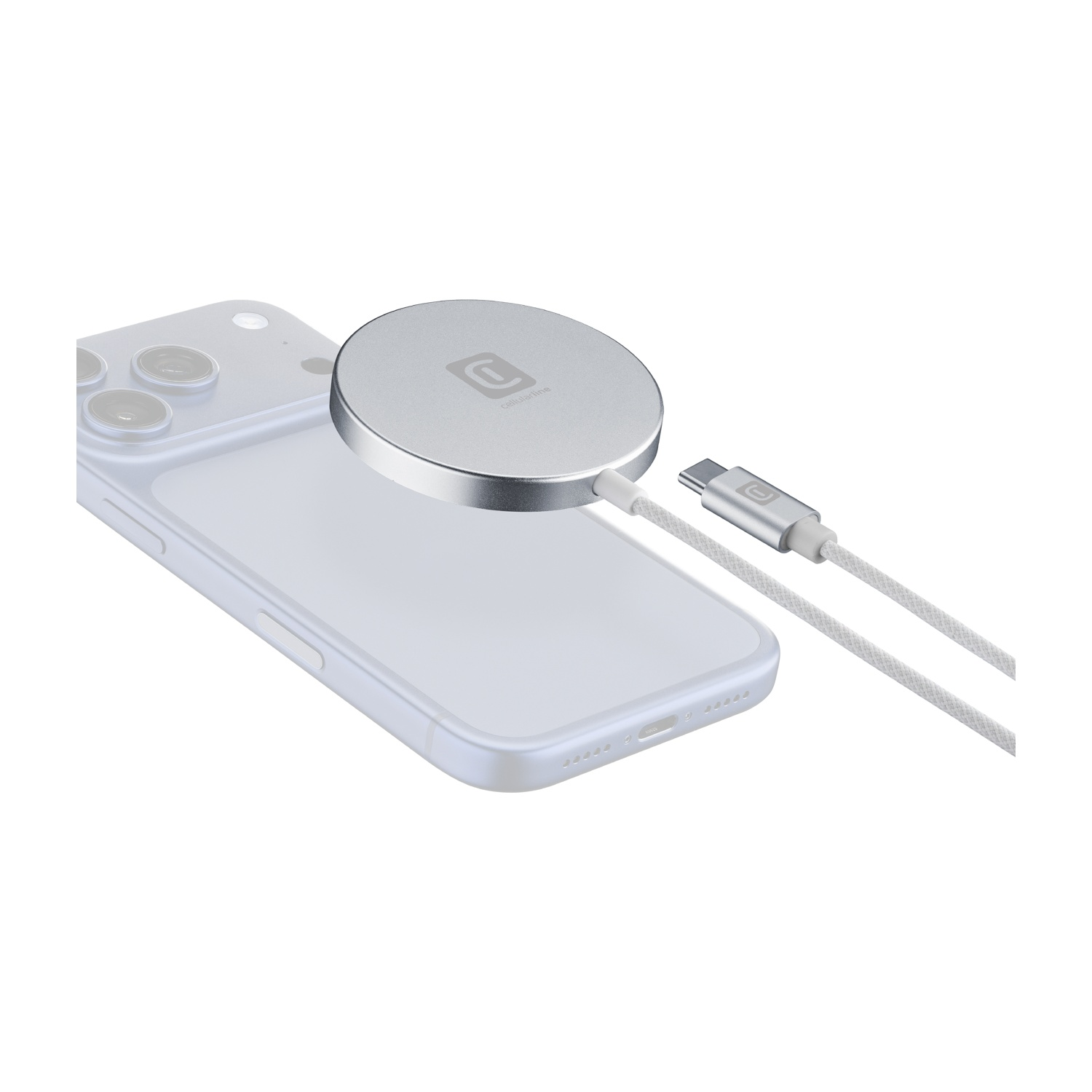 Caricabatterie magnetico argento con cavo USB-C su sfondo bianco.