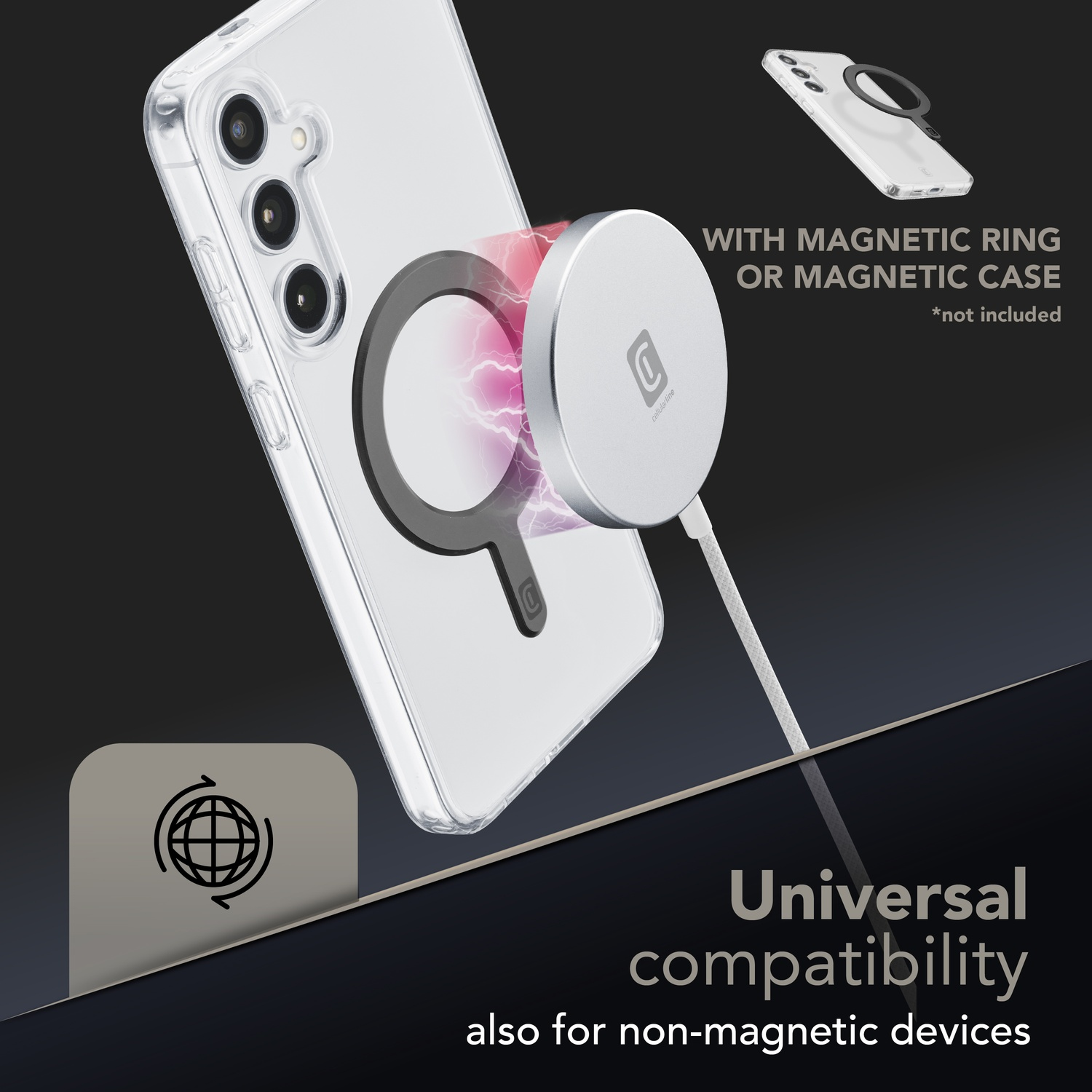 Viene mostrato uno smartphone con custodia e anello magnetico.