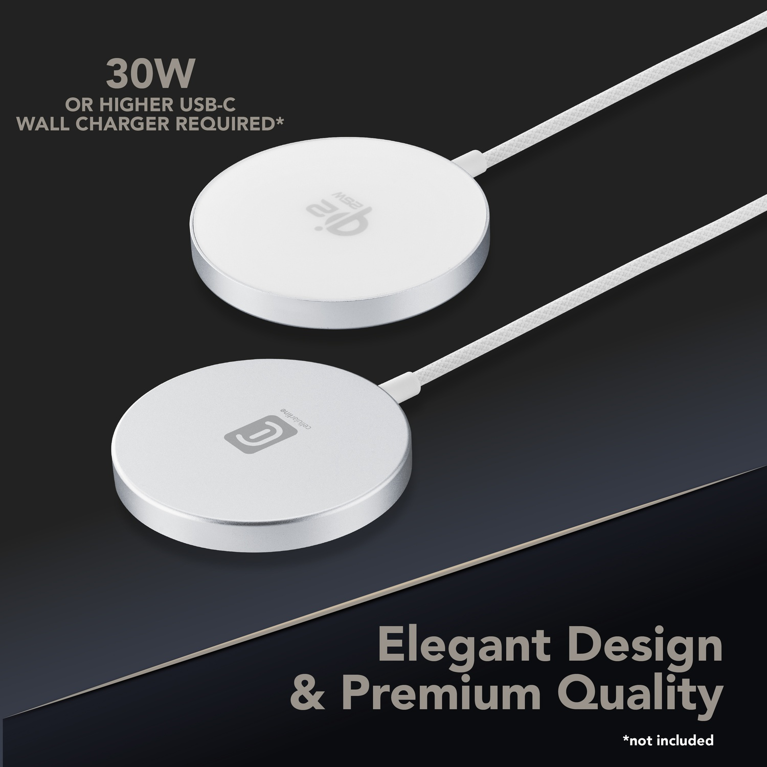 Due caricabatterie wireless bianchi con cavi su sfondo scuro.