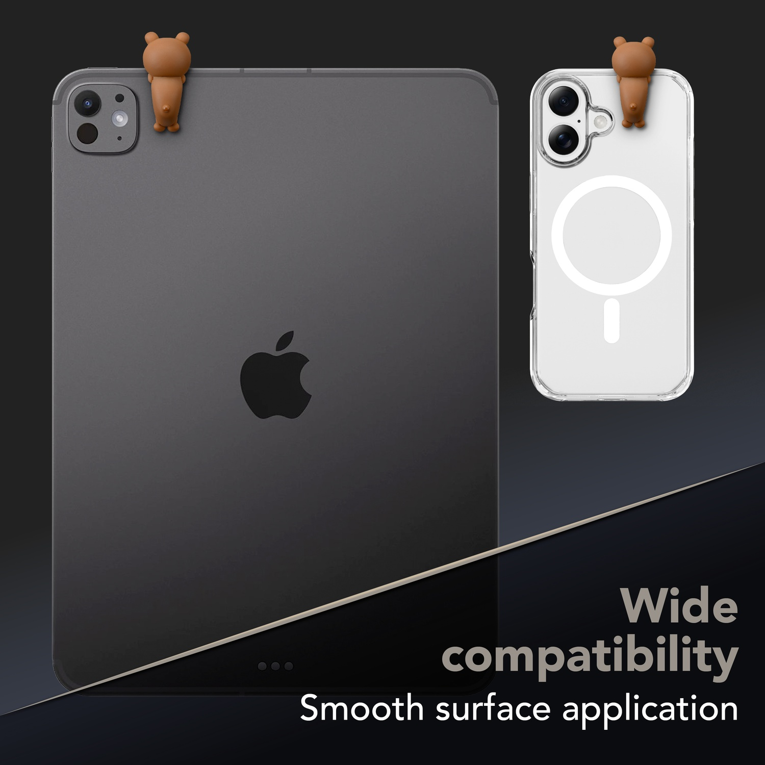 Ciondolo orso marrone su tablet nero e iPhone bianco.