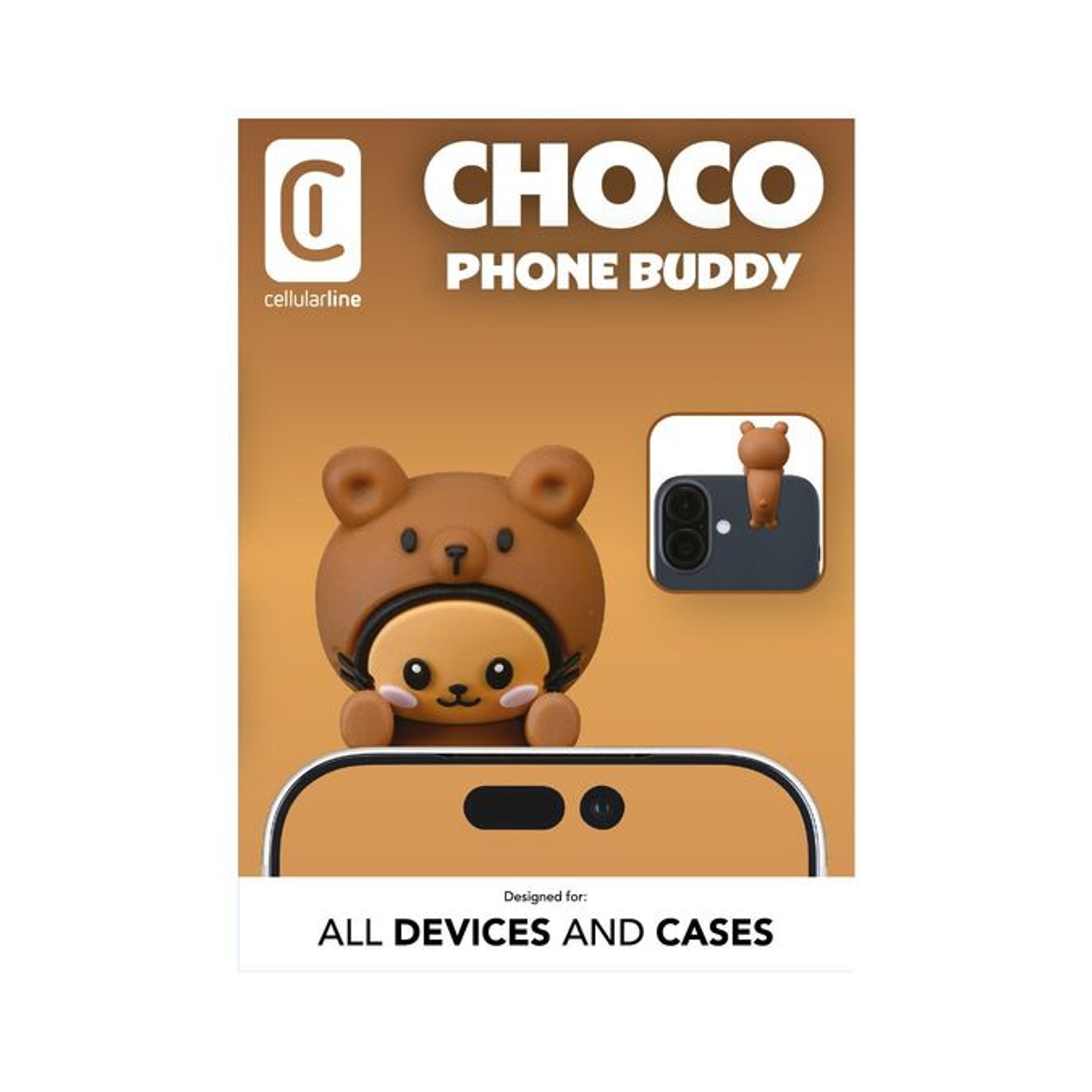 Un compagno per telefono a forma di orso marrone con viso carino su un telefono.