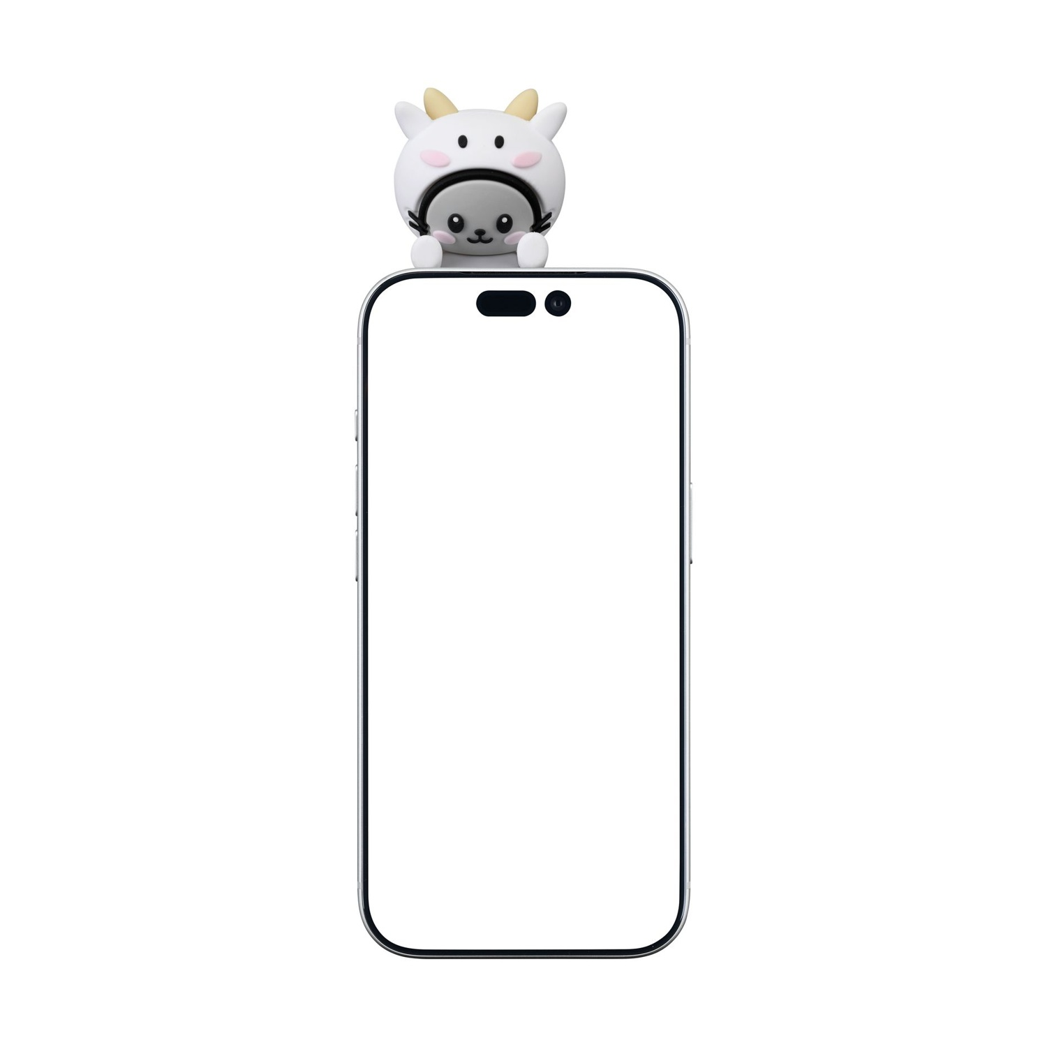 Un simpatico accessorio a pecora dei cartoni animati siede in cima a uno smartphone bianco.