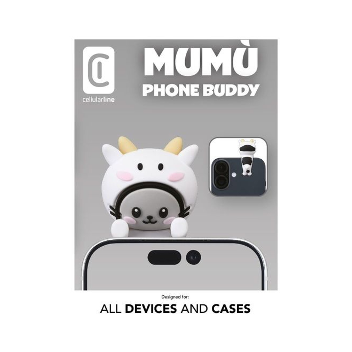 Un accessorio per telefono bianco a forma di animale con corna gialle e guance rosa.