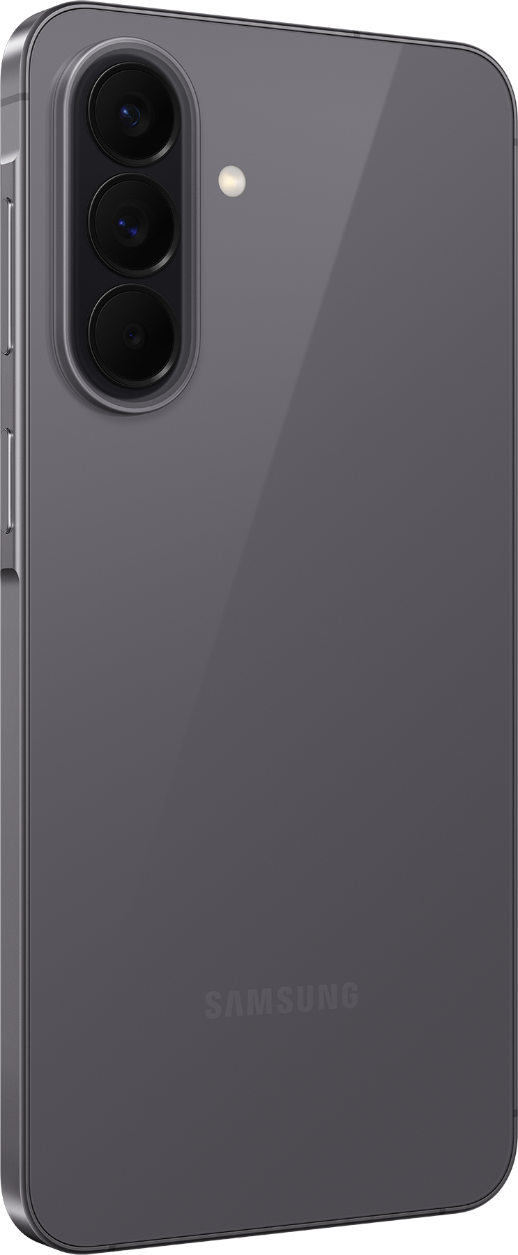 Egy szürke Samsung okostelefon hátoldala, három kamerával és vakuval.