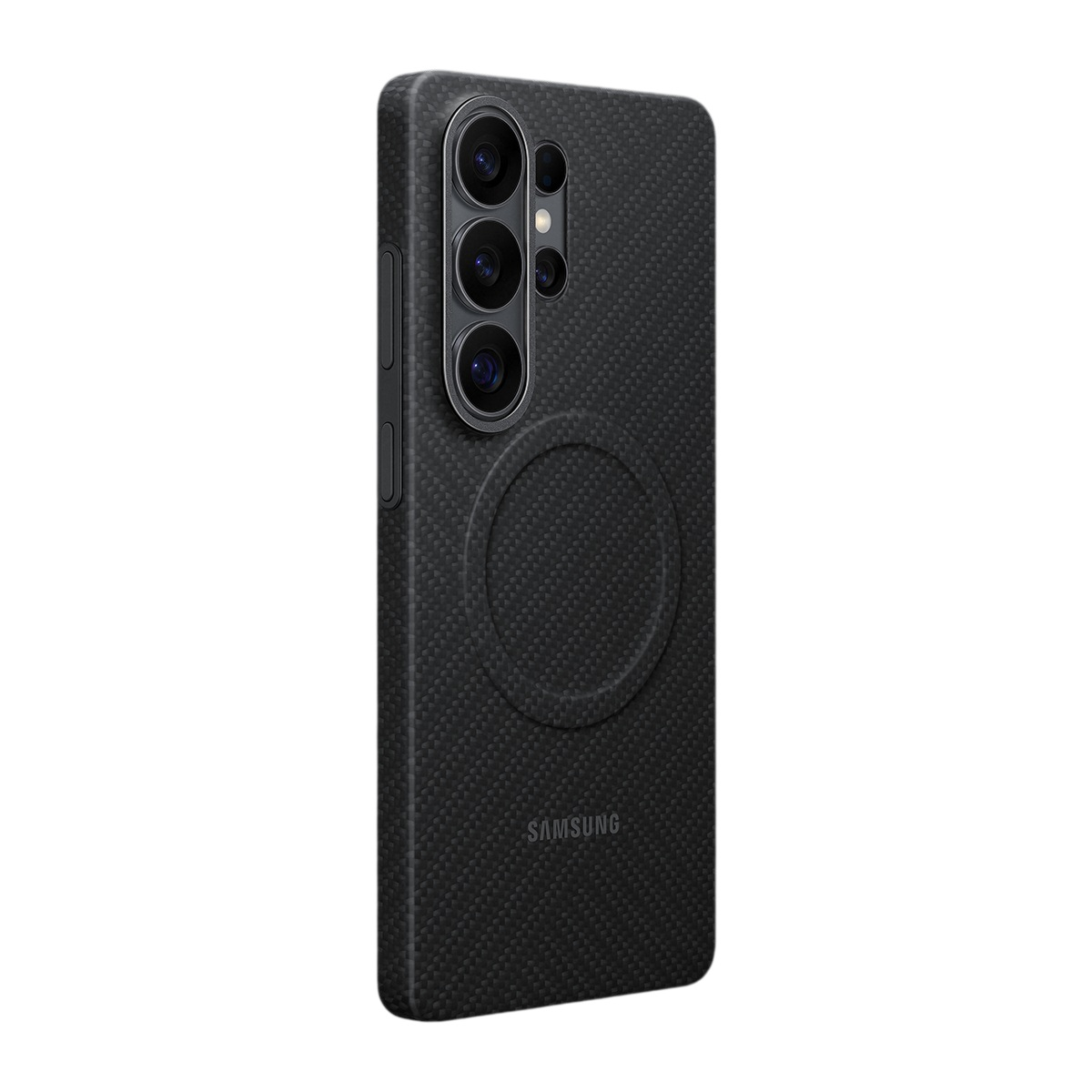 Üç kameralı ve şarj halkalı siyah Samsung telefon.