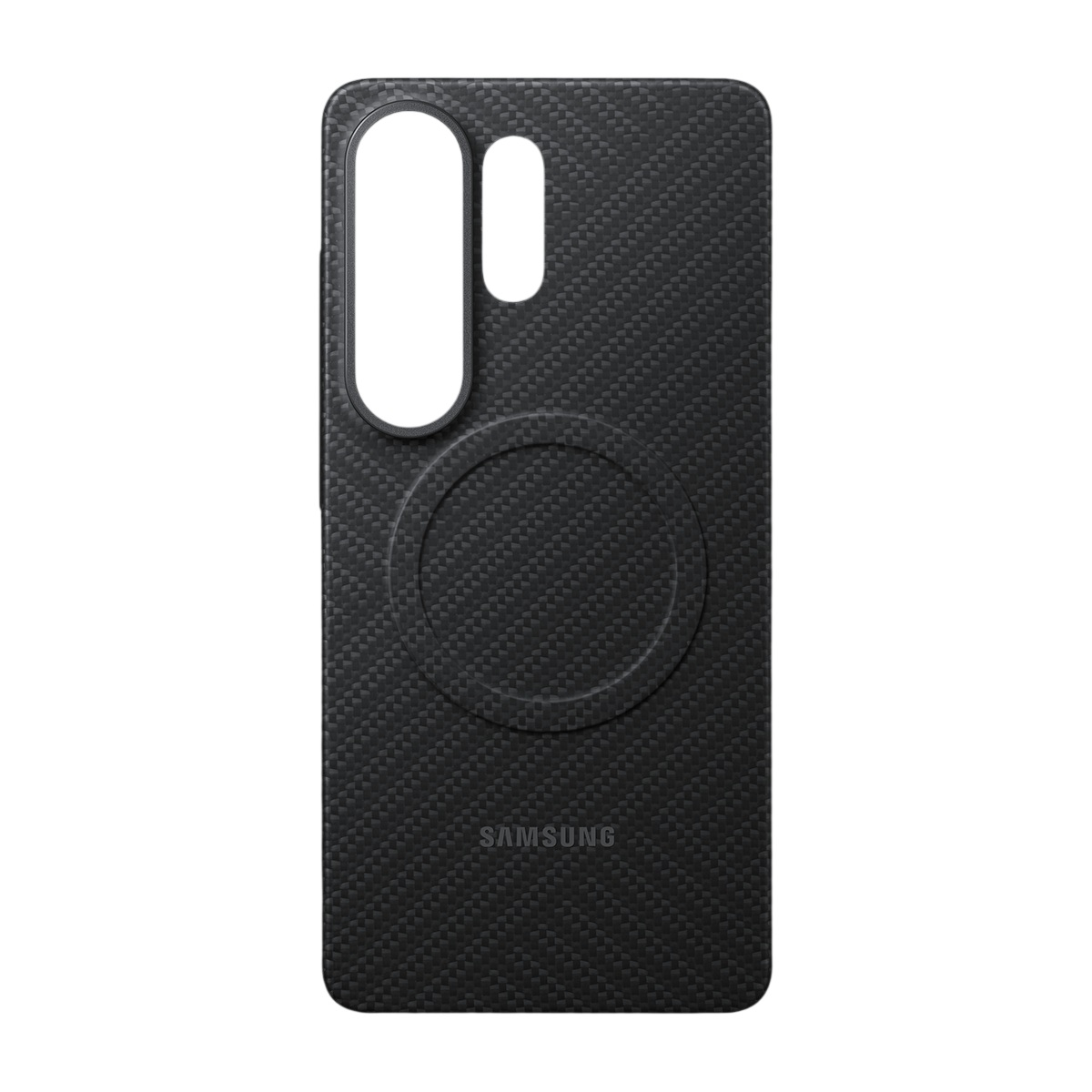 Kamera oyuntulu ve Samsung logolu siyah karbon desenli telefon kılıfı.