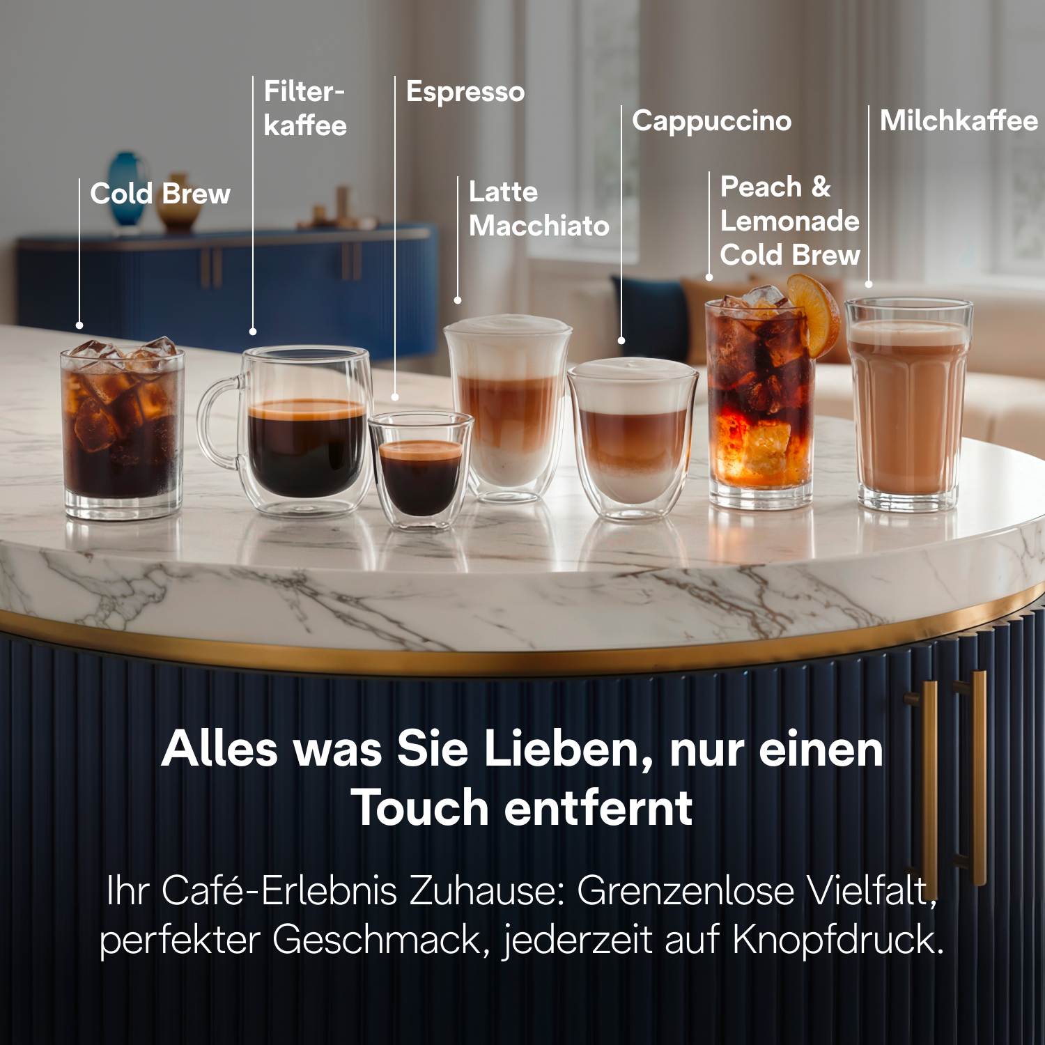 Sechs Kaffegetränke: Cold Brew, Filterkaffee, Espresso, Latte Macchiato, Cappuccino, Milchkaffee.