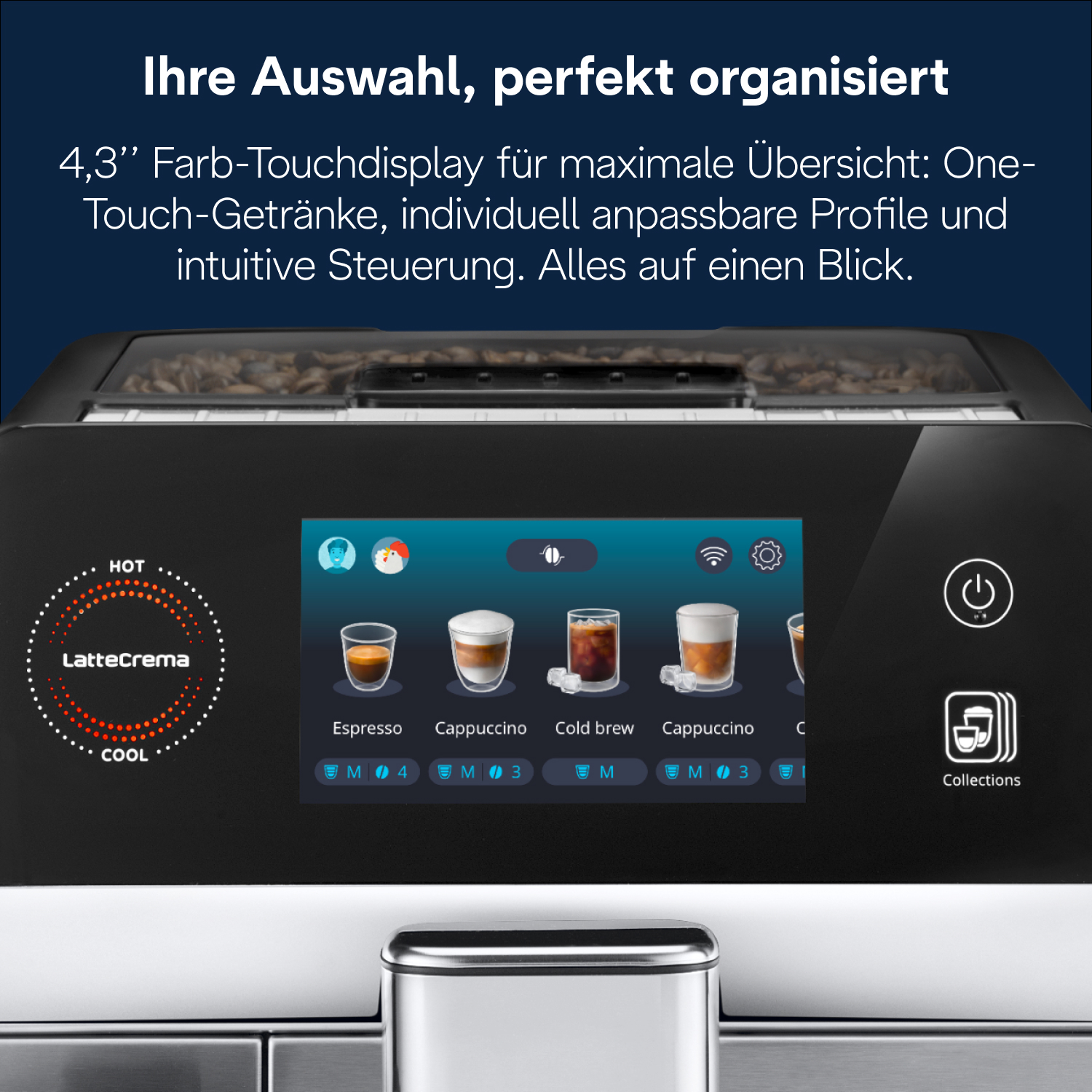 Kaffeemaschinen-Display mit Kaffeeauswahl: Espresso, Cappuccino, Cold Brew.