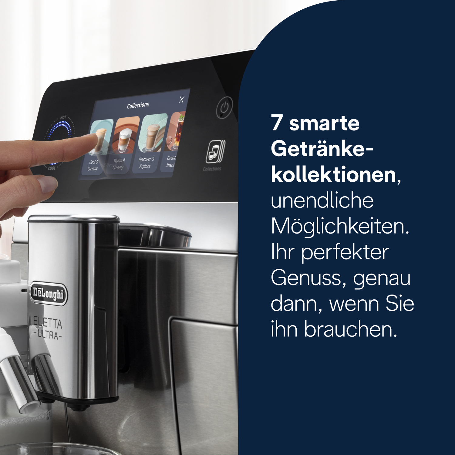 Ein Finger berührt den Bildschirm einer Kaffeemaschine mit Getränkeoptionen. Eine DeLonghi Eletta Maschine ist sichtbar.