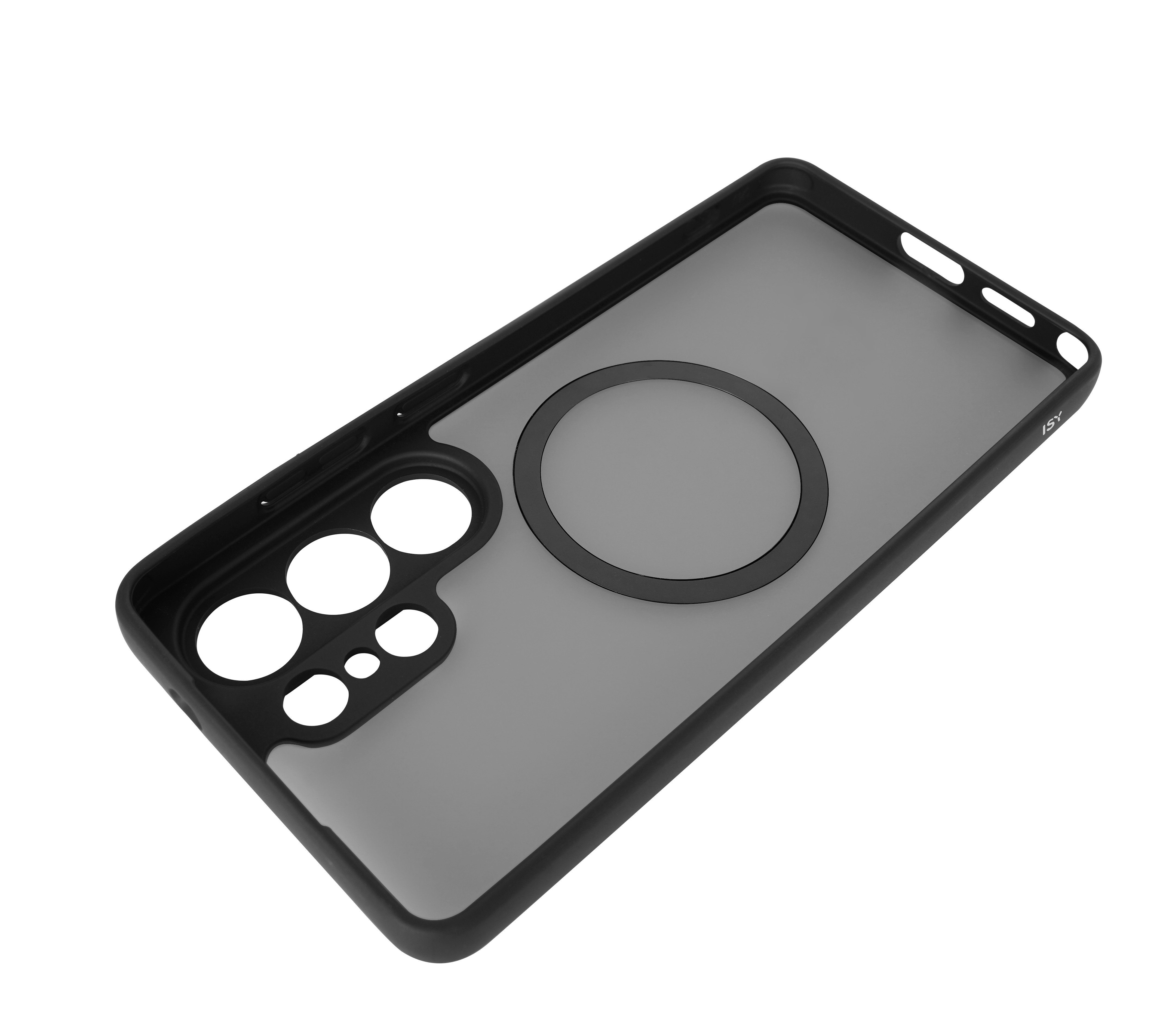 Schwarze Handyhülle mit transparentem Rückteil und Ring für MagSafe.