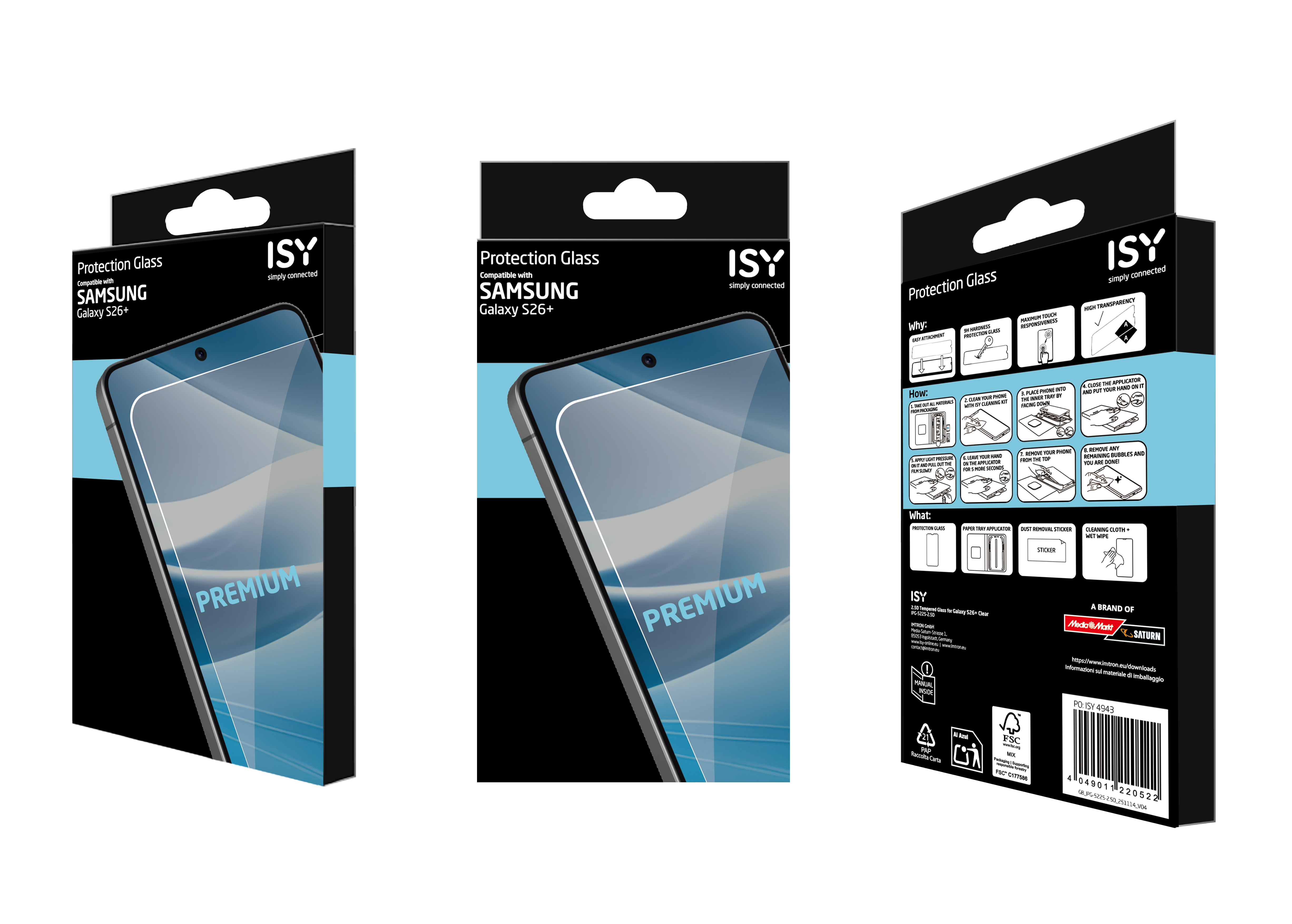 ISY Displayschutzglas für Samsung Galaxy S26+, mit Anleitung.