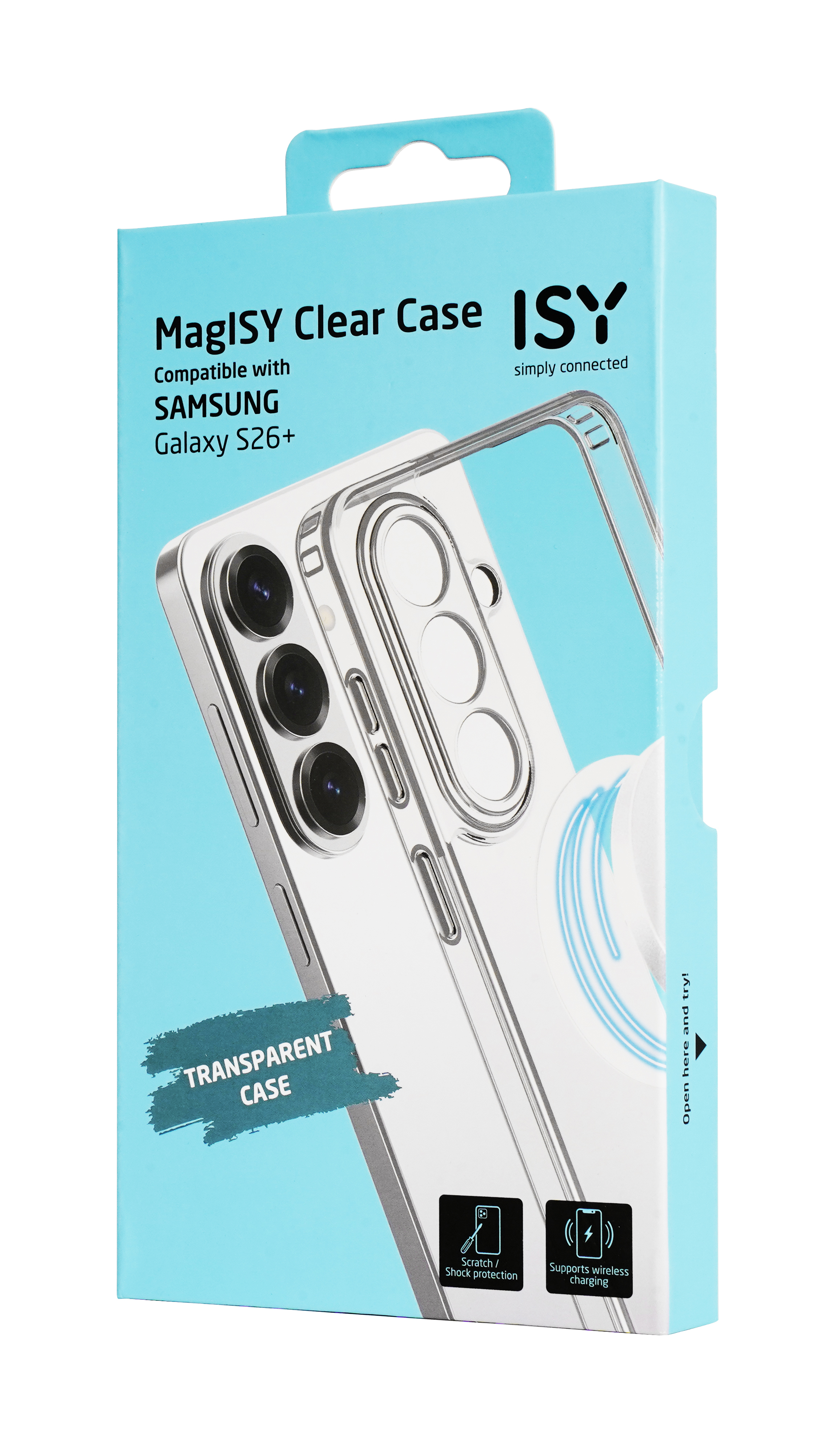 Verpackung für eine transparente Handyhülle für Samsung Galaxy S26+.