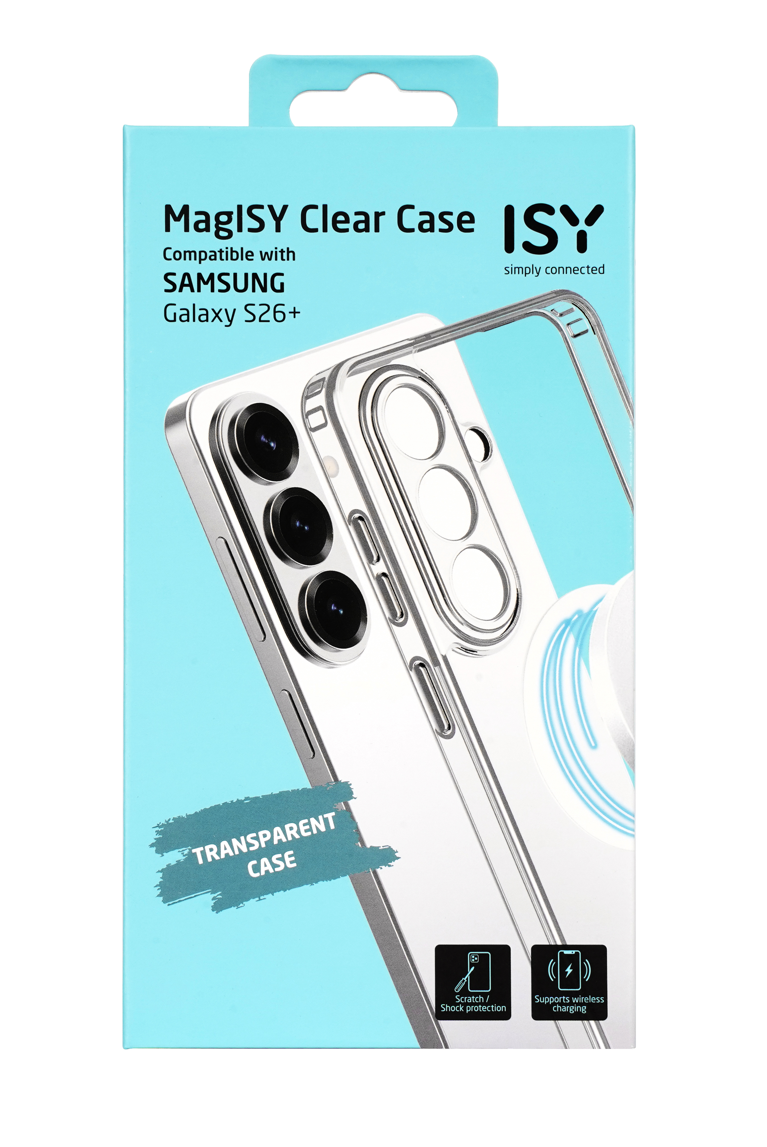 Verpackung einer transparenten Handyhülle für Samsung Galaxy S26+.