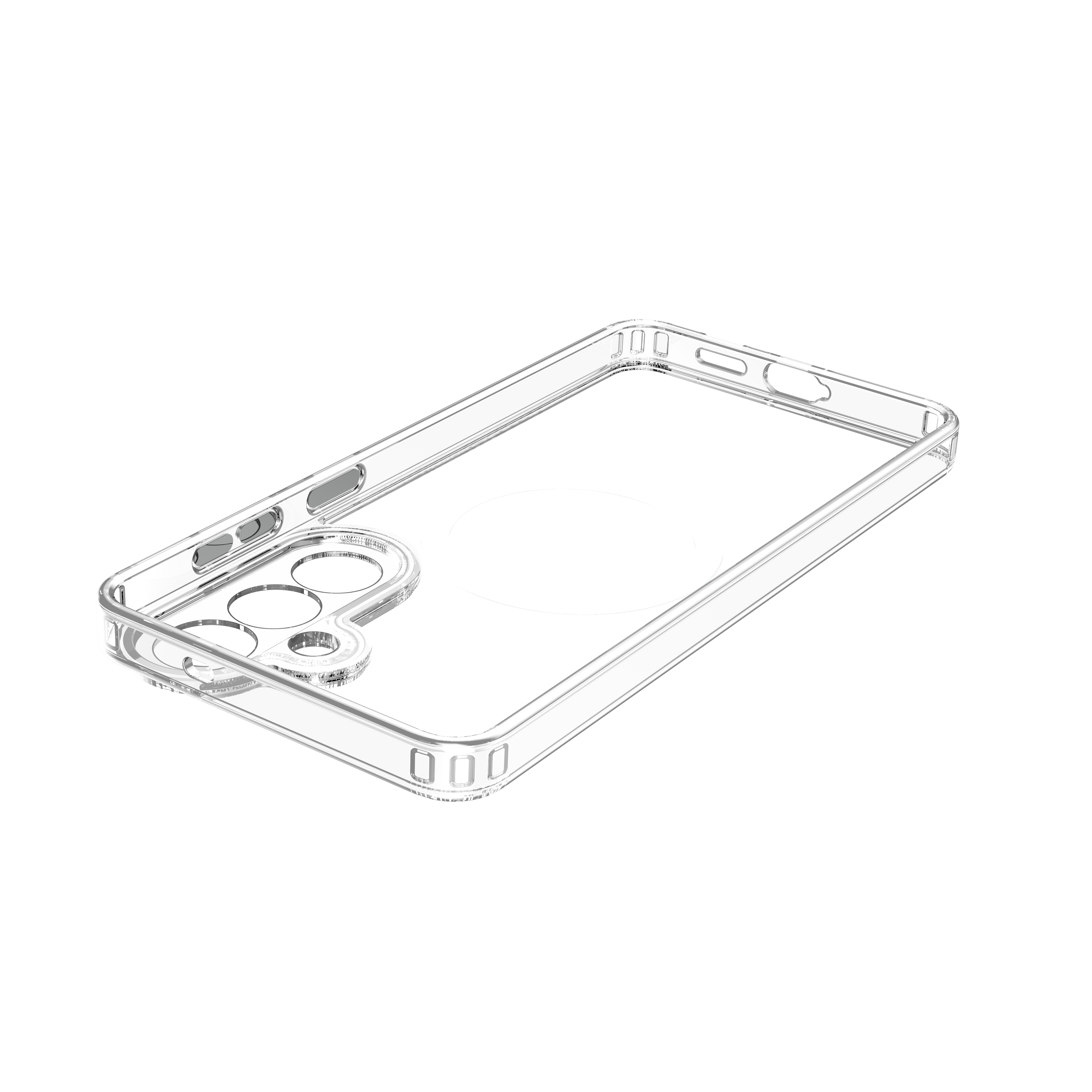 Transparente Handyhülle mit Aussparungen für Kamera und Knöpfe.