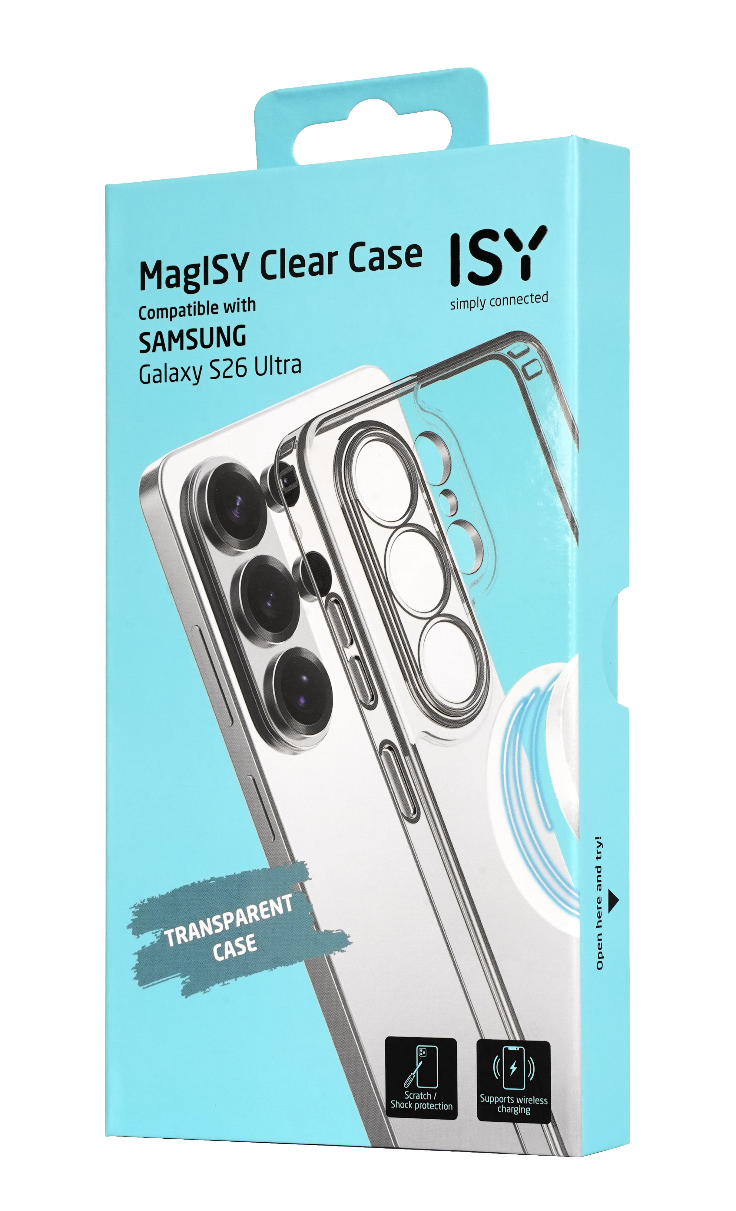 Verpackung für MagISY Clear Case für Samsung Galaxy S26 Ultra, zeigt Telefon.