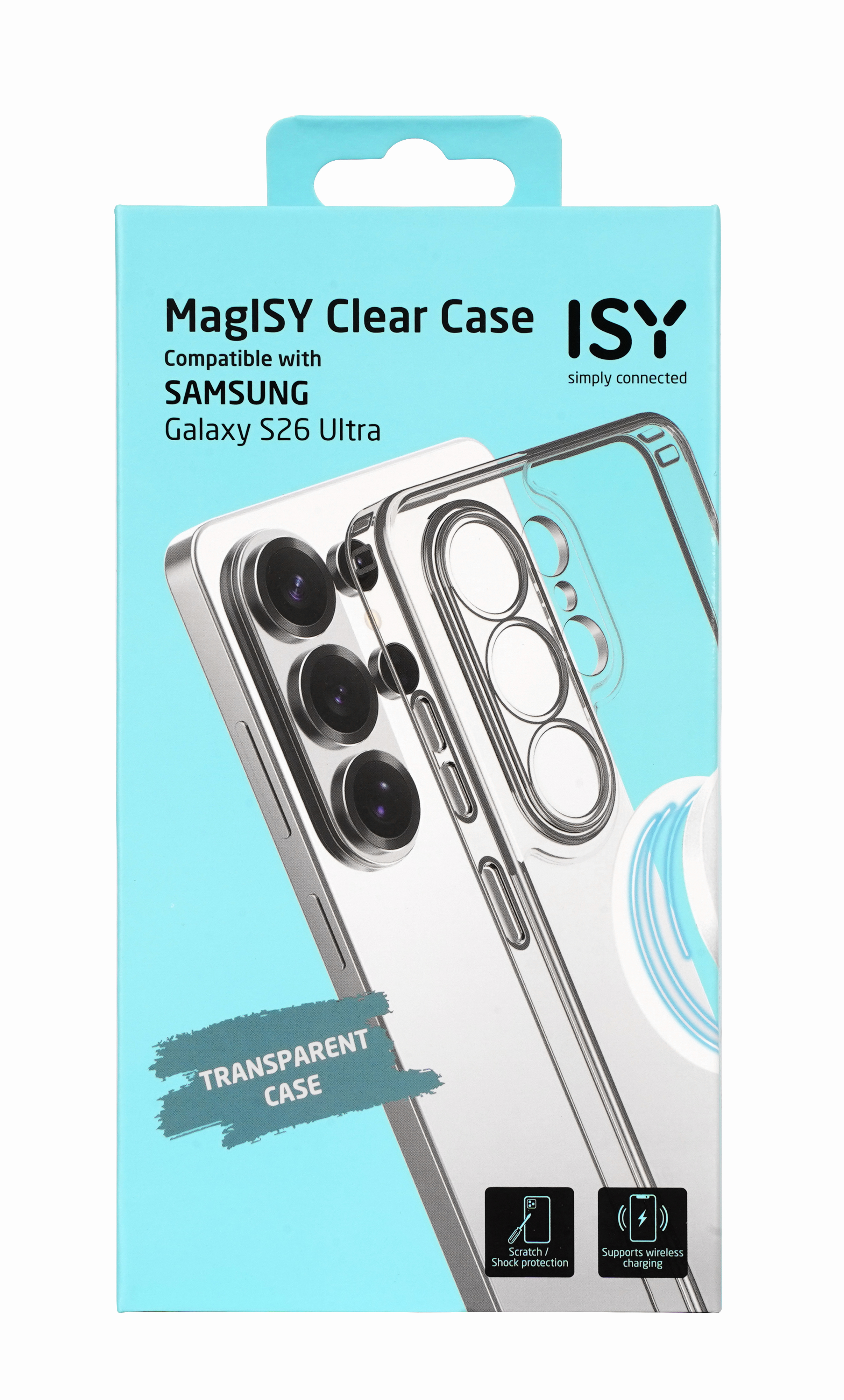 Verpackung für eine transparente Hülle für Samsung Galaxy S26 Ultra.