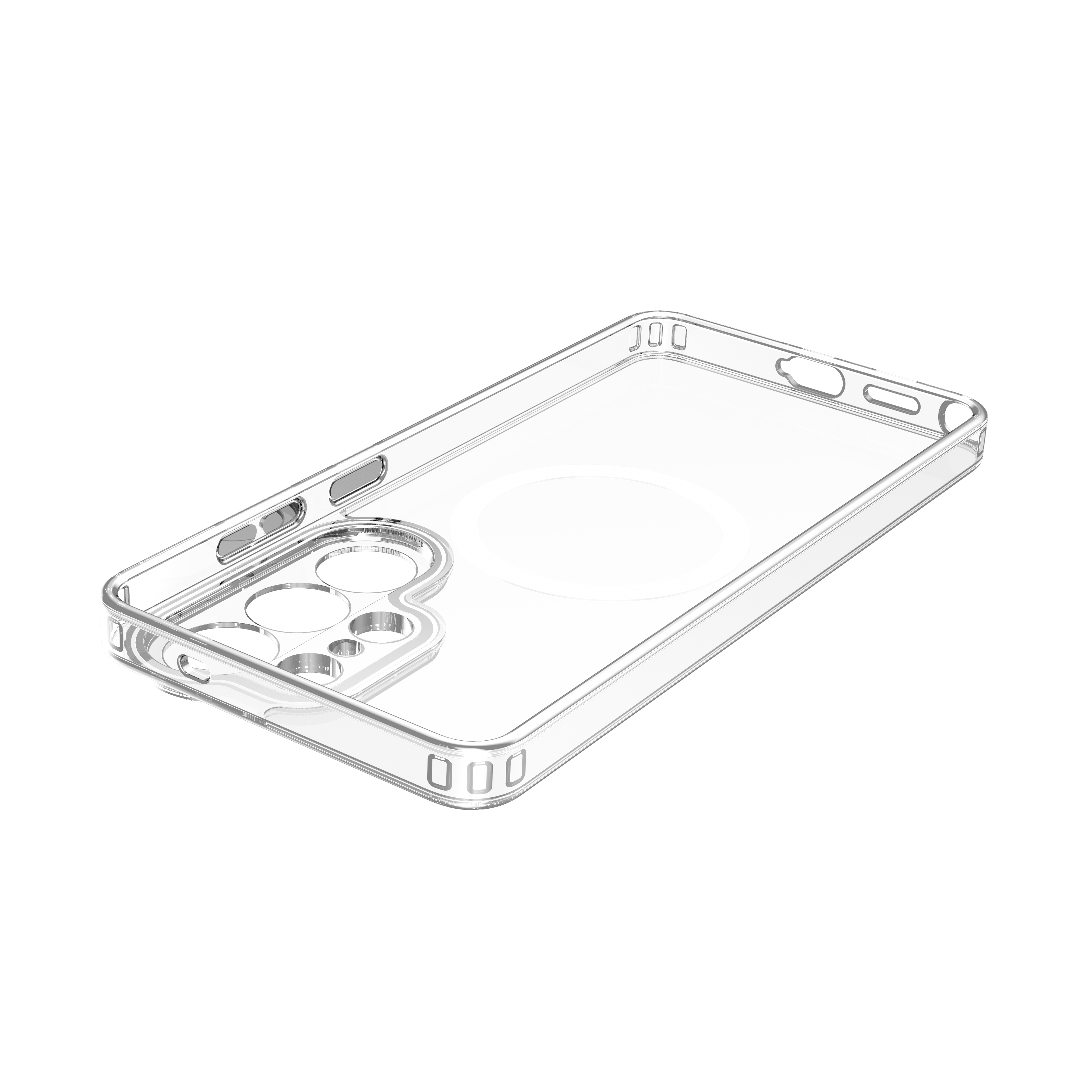 Transparente Handyhülle mit Aussparungen für Kamera und Knöpfe.