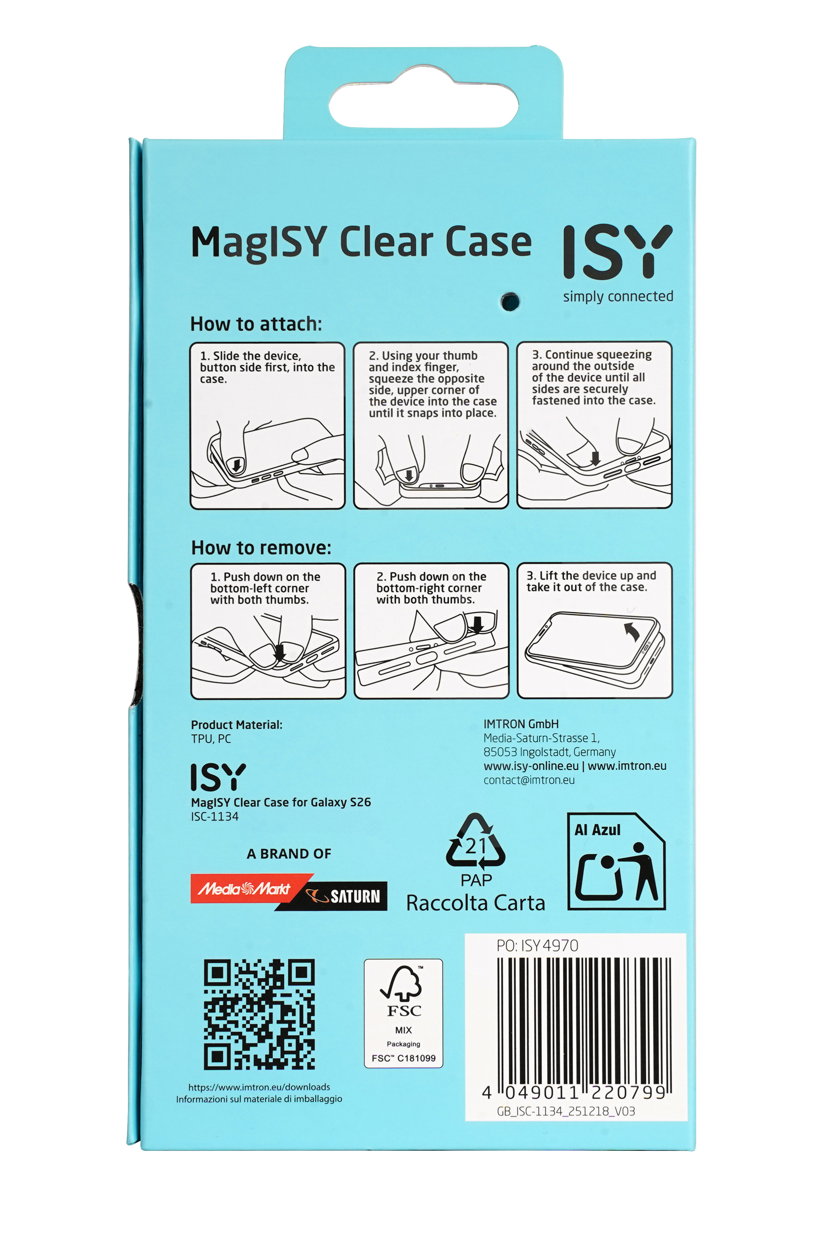 Verpackung für MagISY Clear Case mit Anleitungen zum Anbringen/Entfernen.