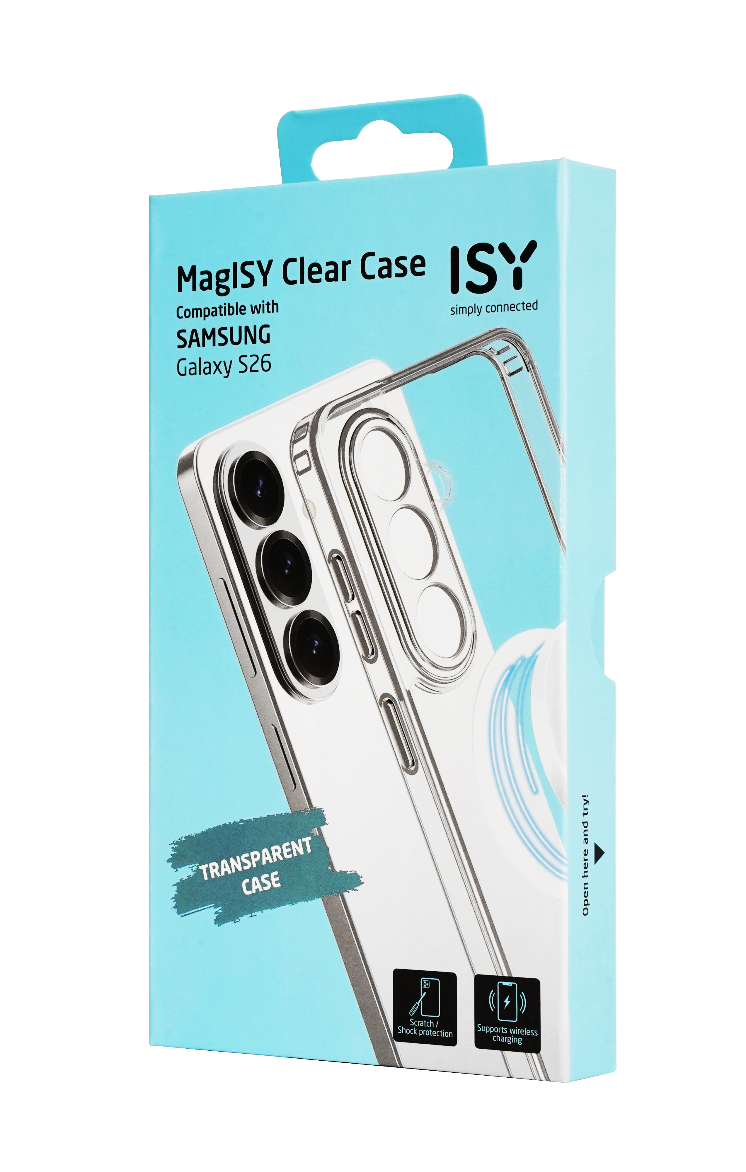 Verpackung für eine transparente Handyhülle für Samsung Galaxy S26.