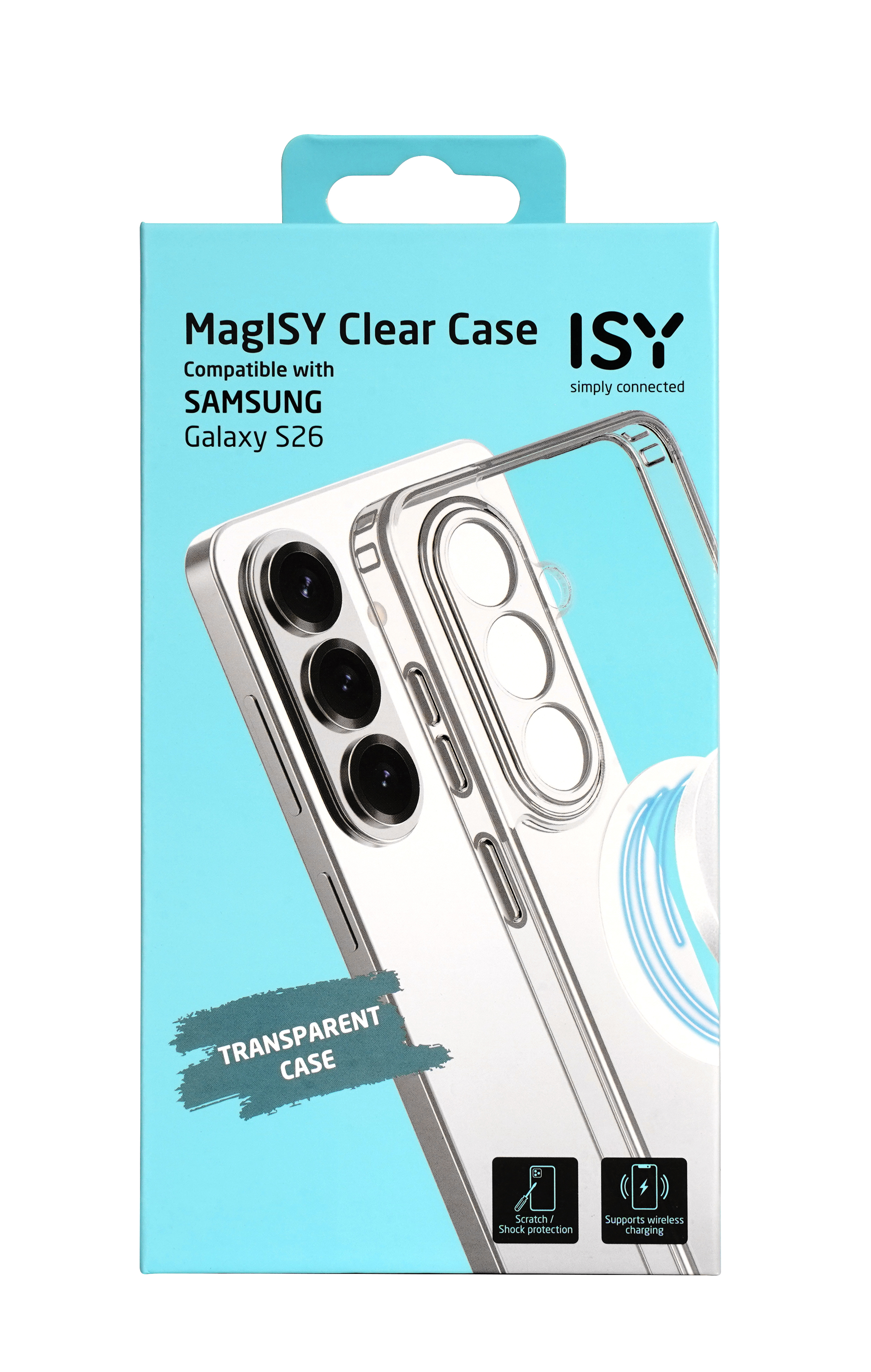 Verpackung einer transparenten Handyhülle für Samsung Galaxy S26.