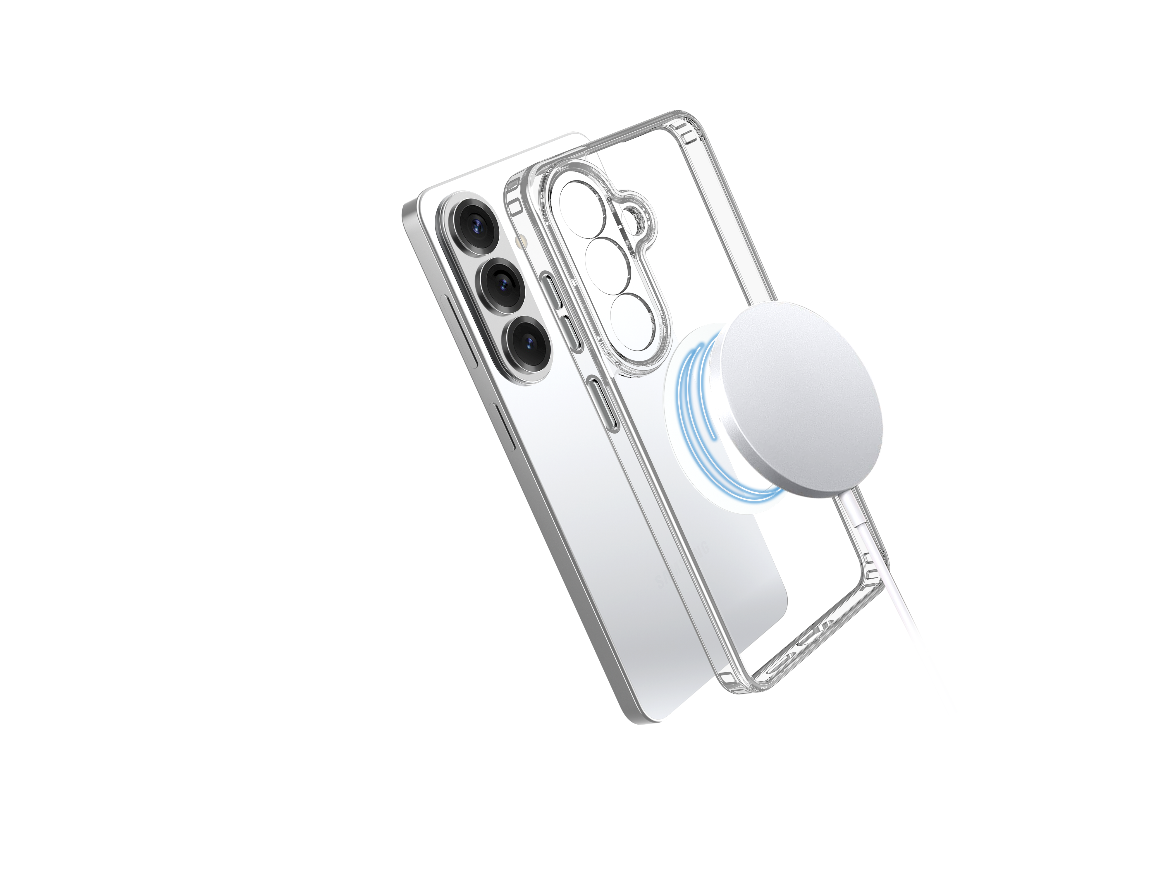 Ein silbernes Smartphone mit drei Kameras in einer durchsichtigen Hülle, das mit einem weißen Ladegerät verbunden ist.