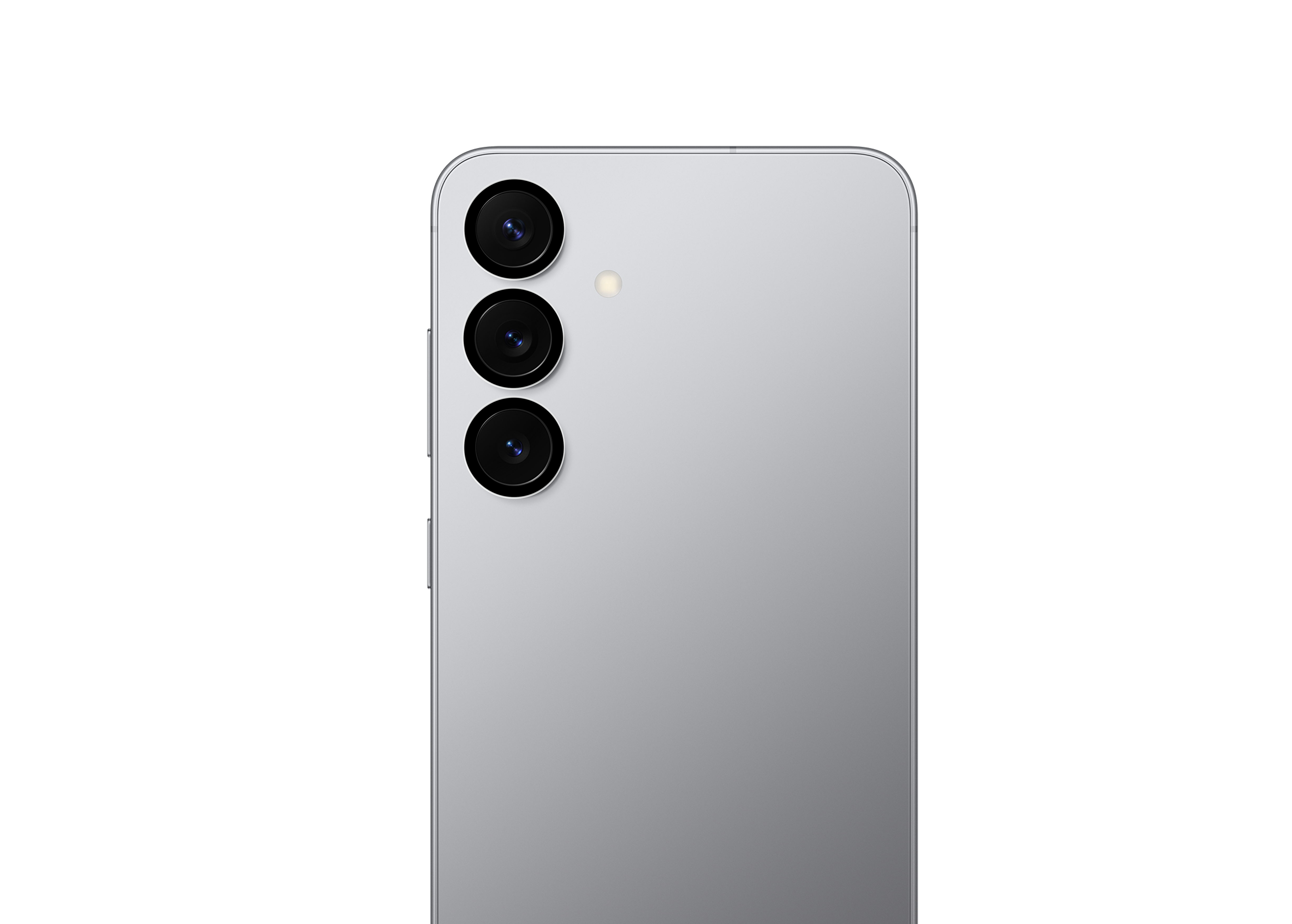 Silbernes Smartphone mit drei Kameras und Blitz auf schwarzem Hintergrund.