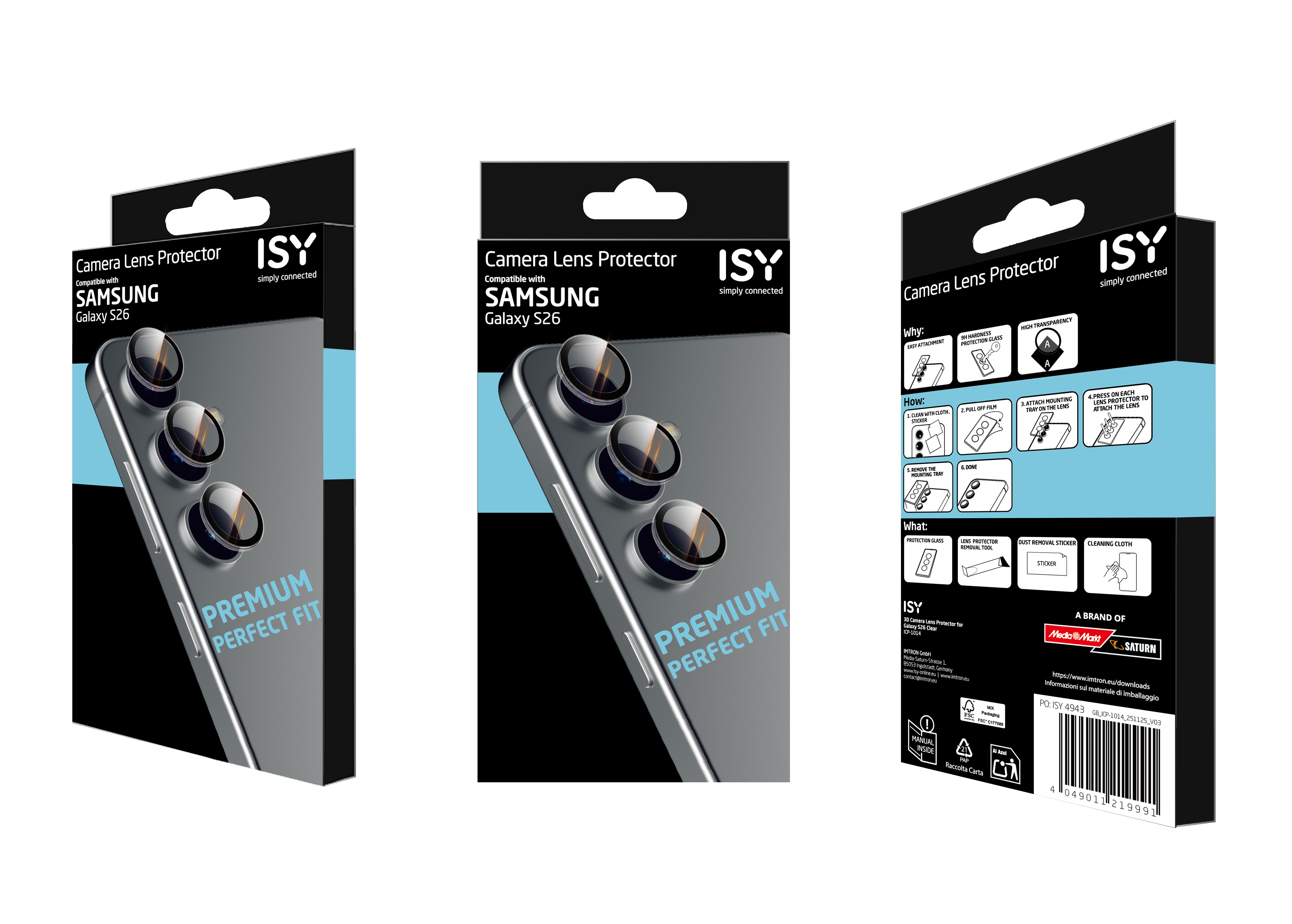 Verpackung mit drei ISY-Kamerasschutzhüllen für Samsung Galaxy S26.