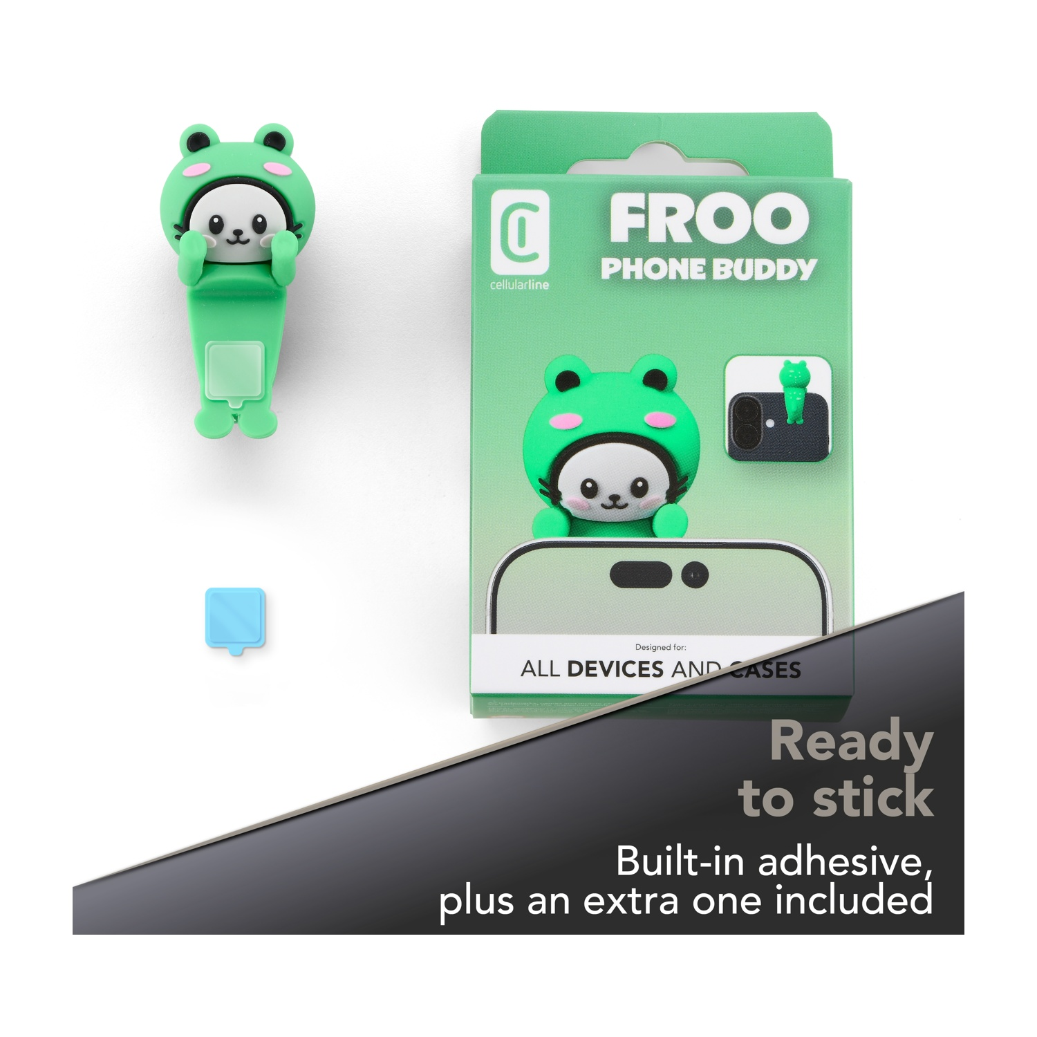Accessorio verde rana per telefono con viso bianco e adesivo.