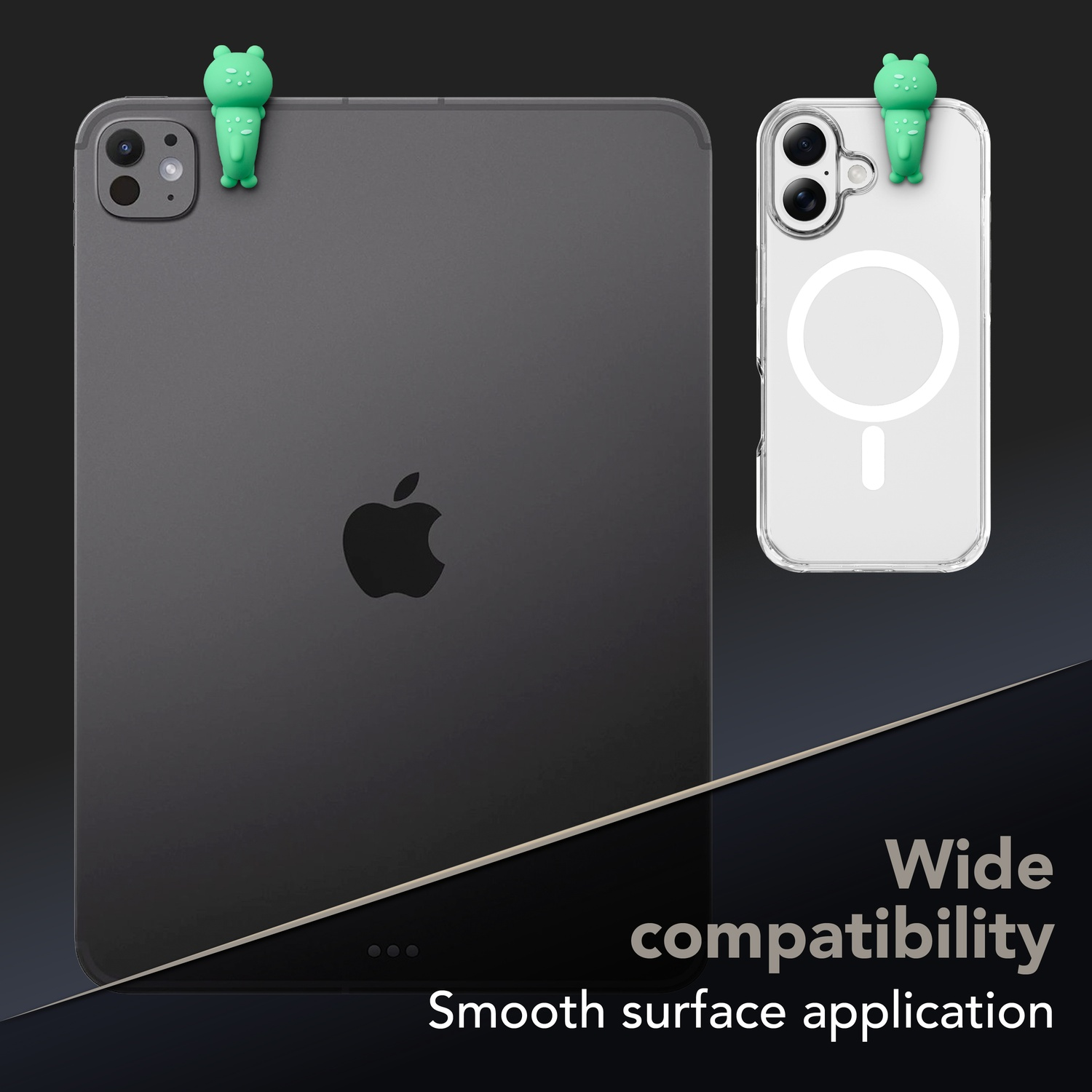 Accessori a rana verdi agganciati a una custodia iPad e iPhone. Ampia compatibilità.