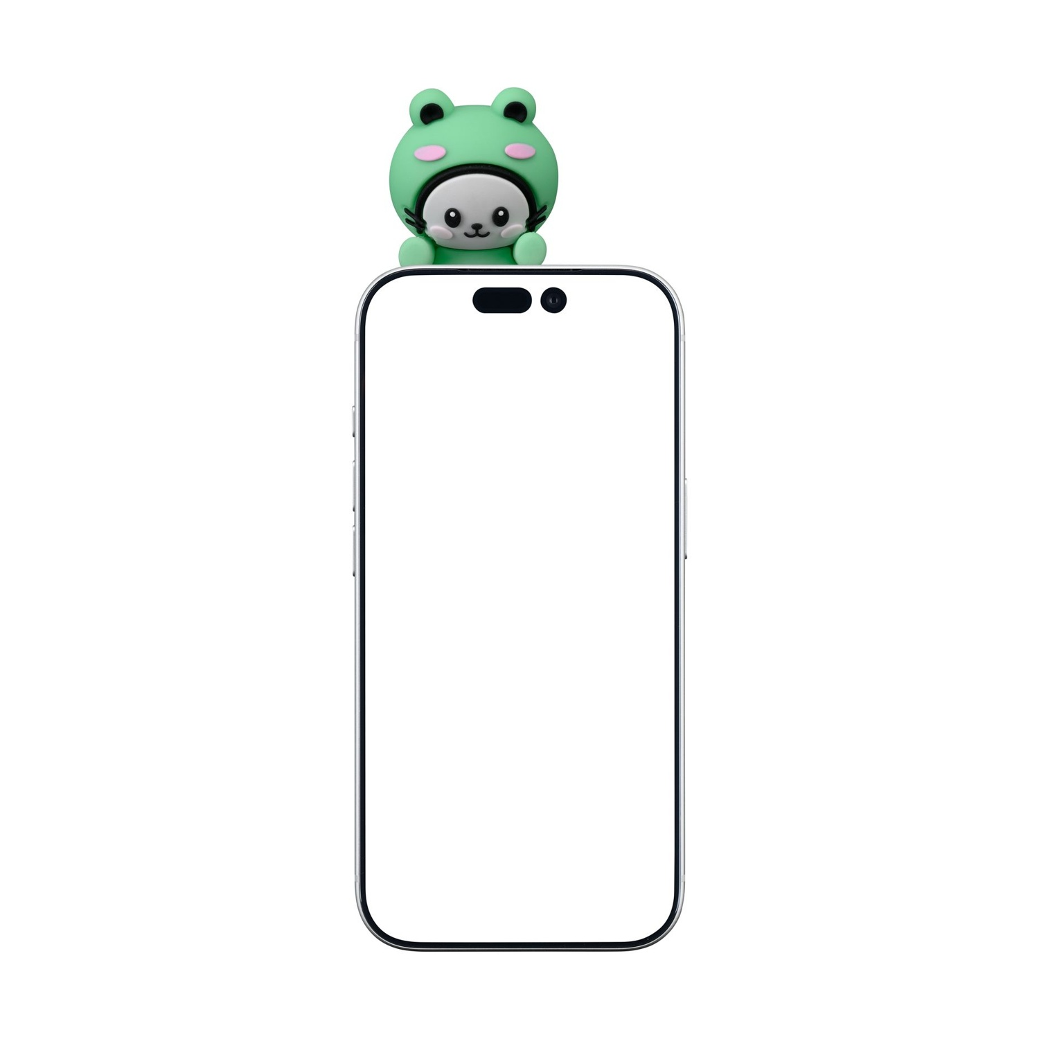 Un ciondolo a forma di rana verde siede sopra uno smartphone bianco.