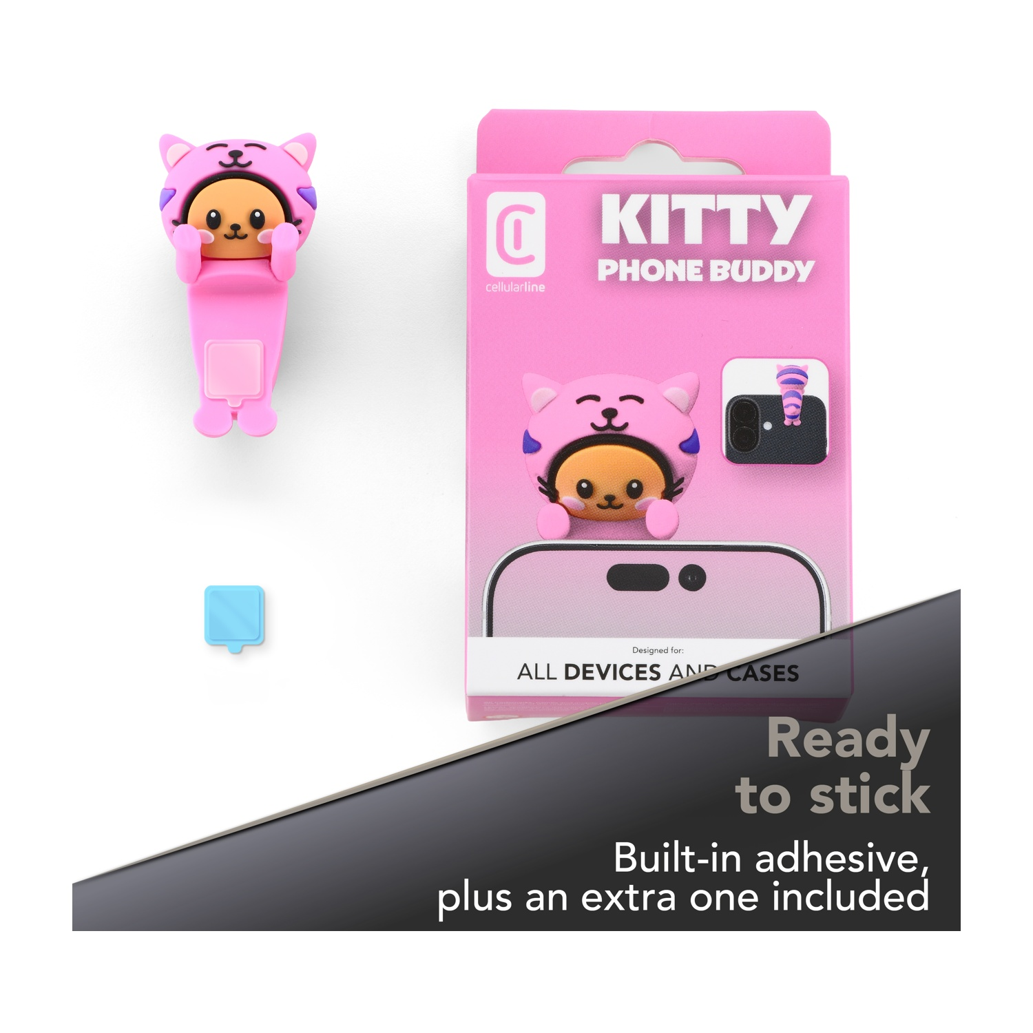 Un accessorio rosa per telefono a forma di gatto accanto a una confezione 'Kitty Phone Buddy'.