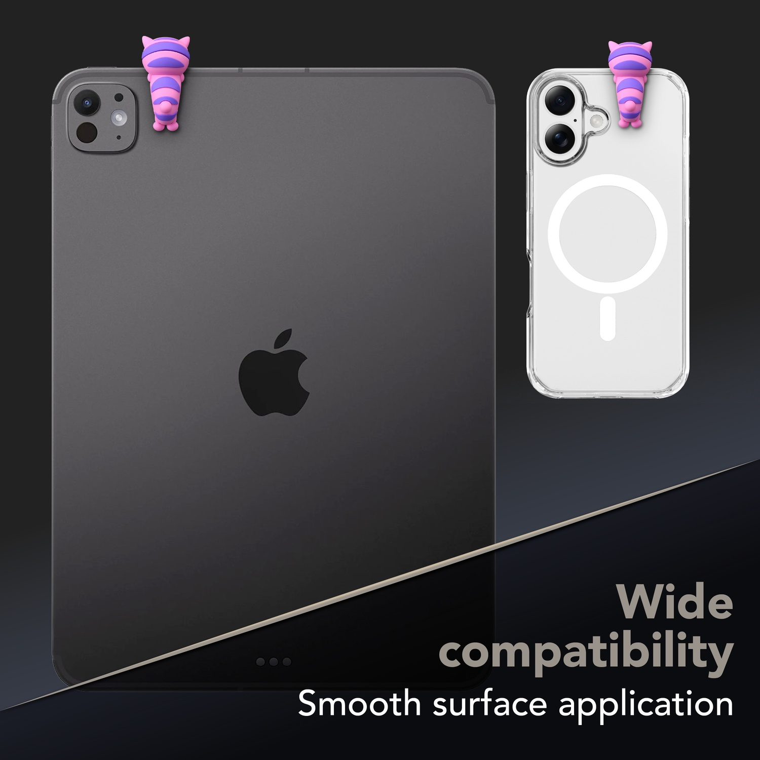 Un iPad e un iPhone con una clip a gatto a strisce viola.
