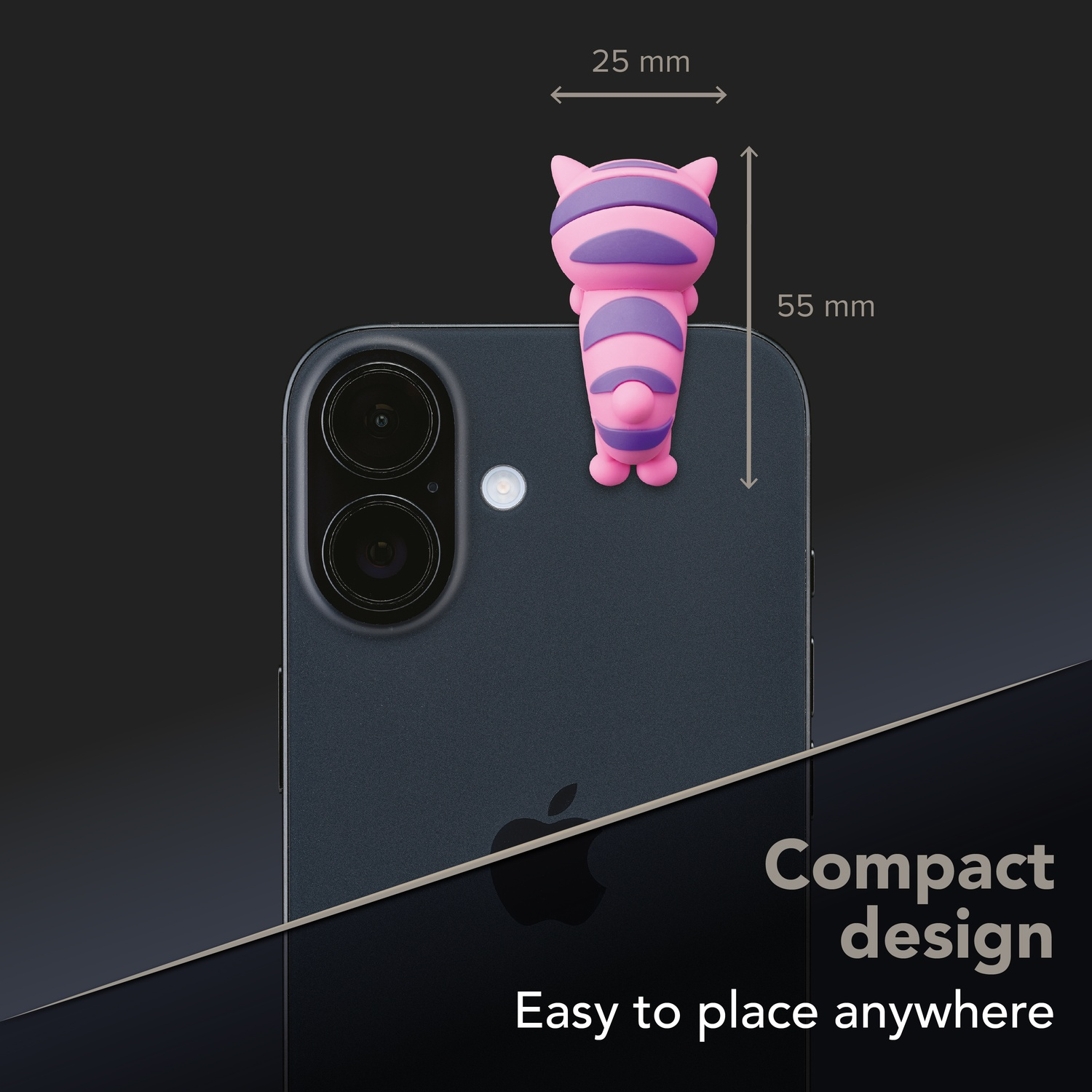 Accessorio gatto a righe rosa e viola su telefono scuro. Dimensioni mostrate.