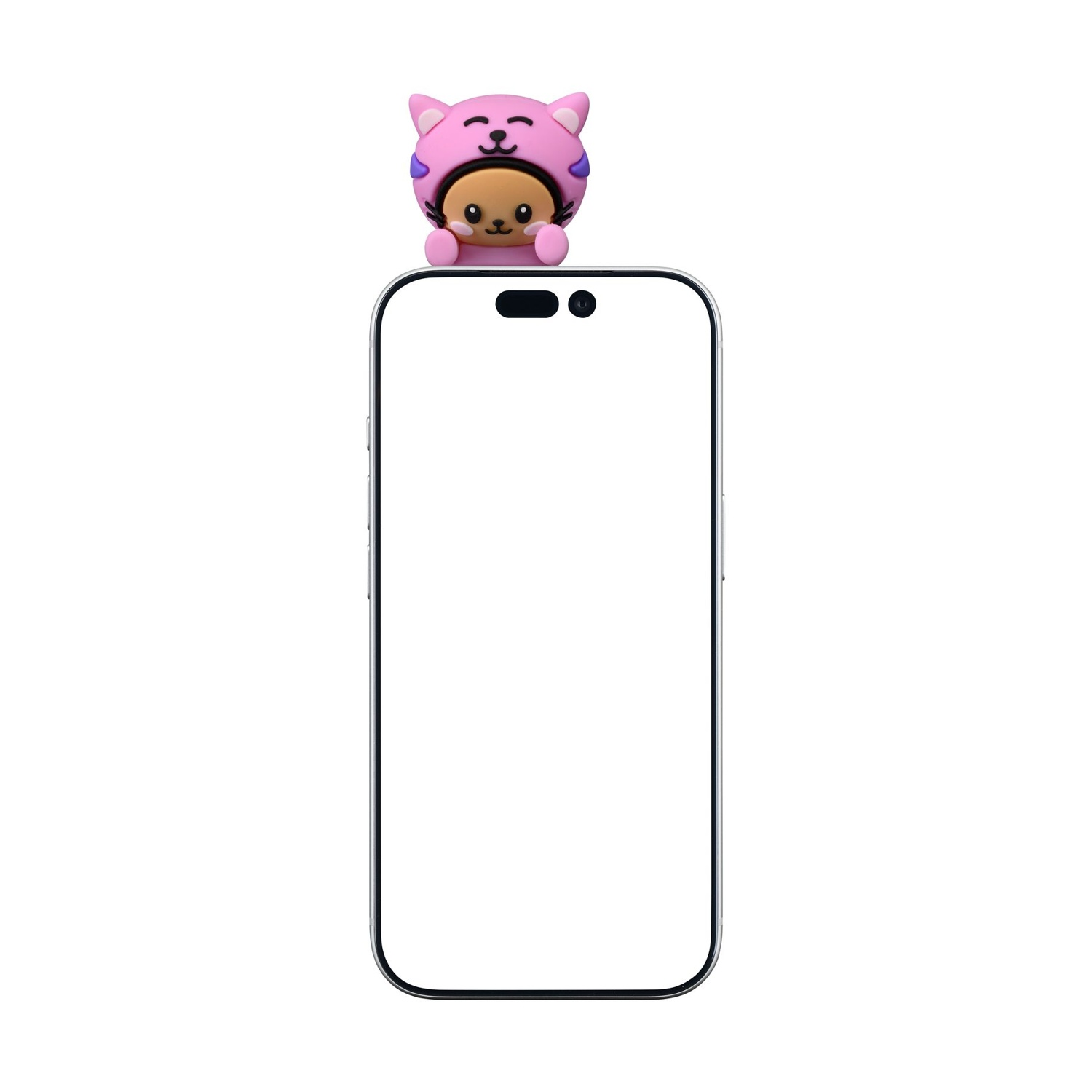 Un cappello da gatto rosa con orecchie su uno smartphone.