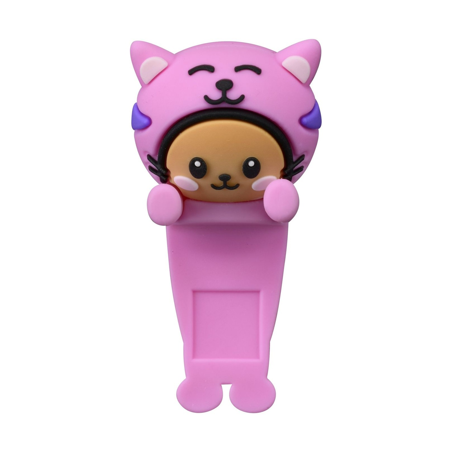 Un ciondolo gatto rosa cartone animato con viso marrone e accenti blu.