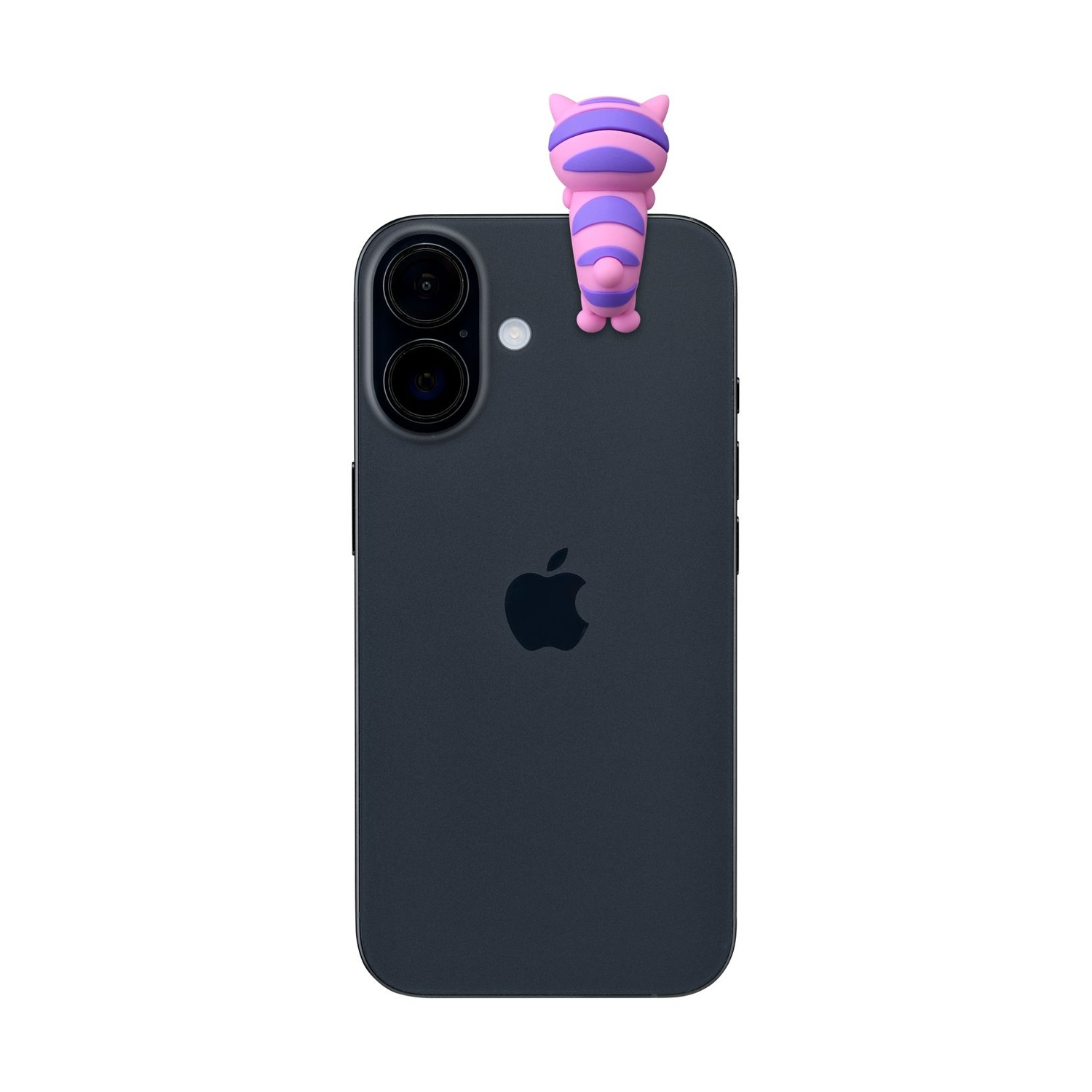 Un porta telefono rosa a forma di gatto con strisce viola è appoggiato su un iPhone scuro.