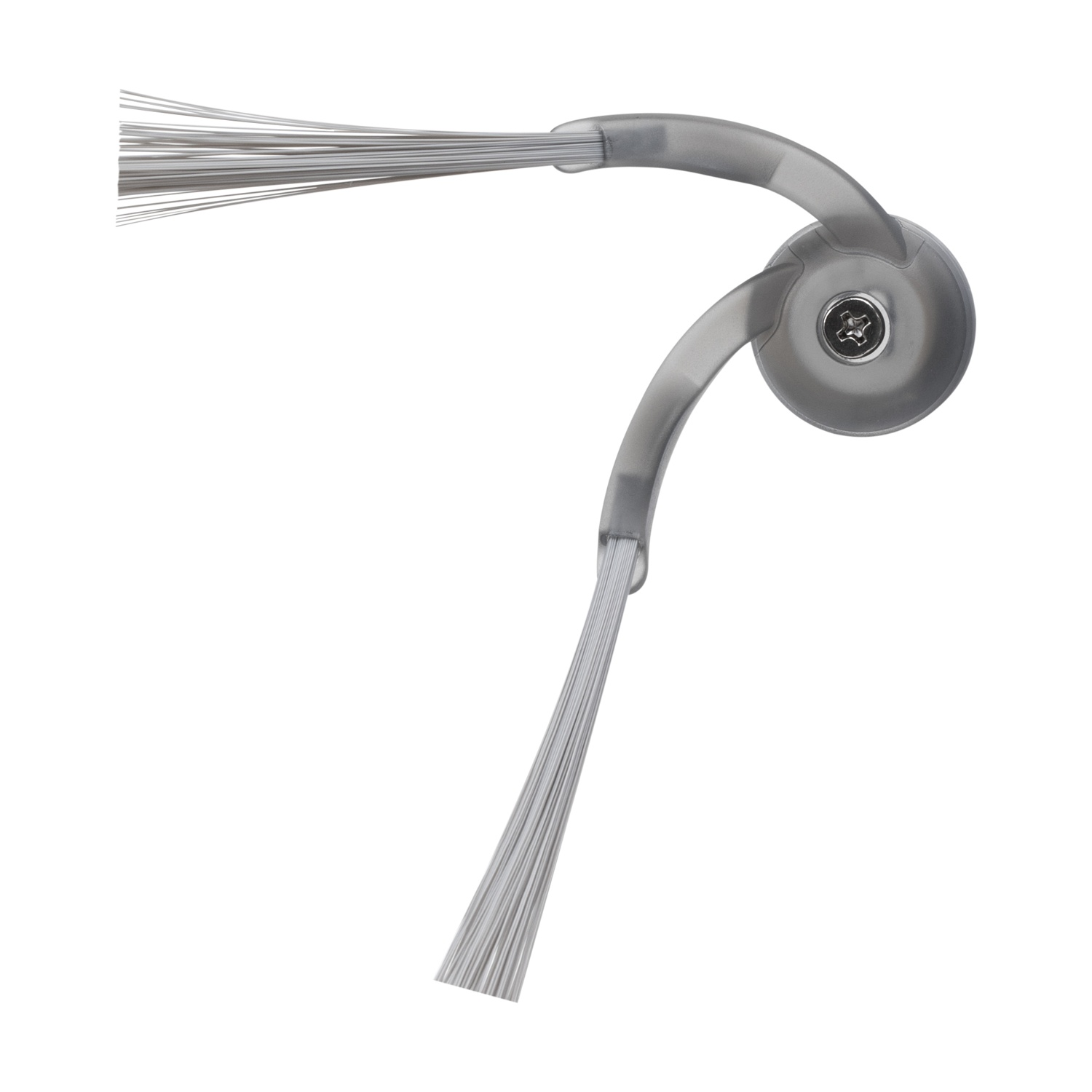 Un accessorio grigio con due bracci a spazzola e setole su sfondo bianco.