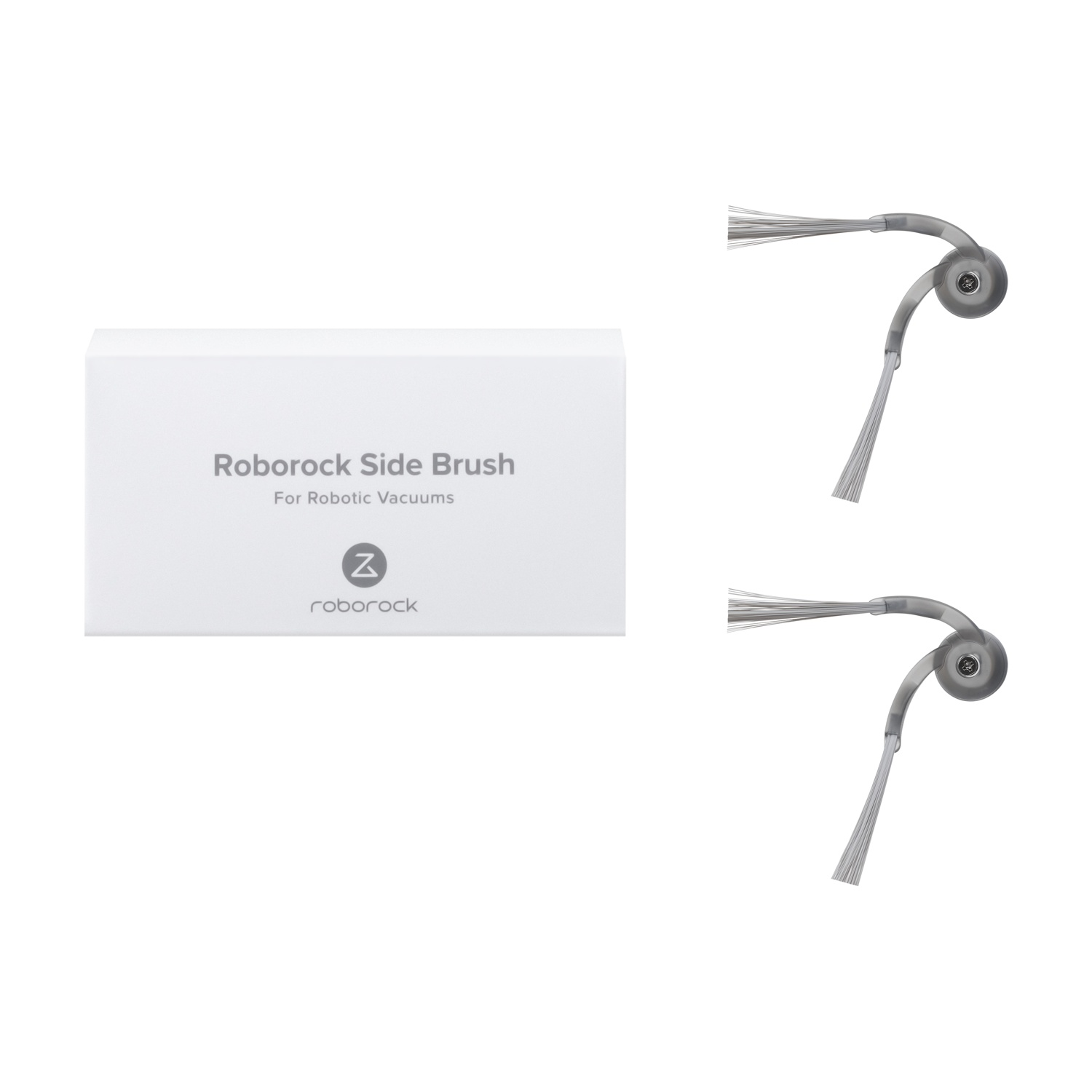 Confezione spazzola laterale Roborock e due spazzole di ricambio su sfondo bianco.
