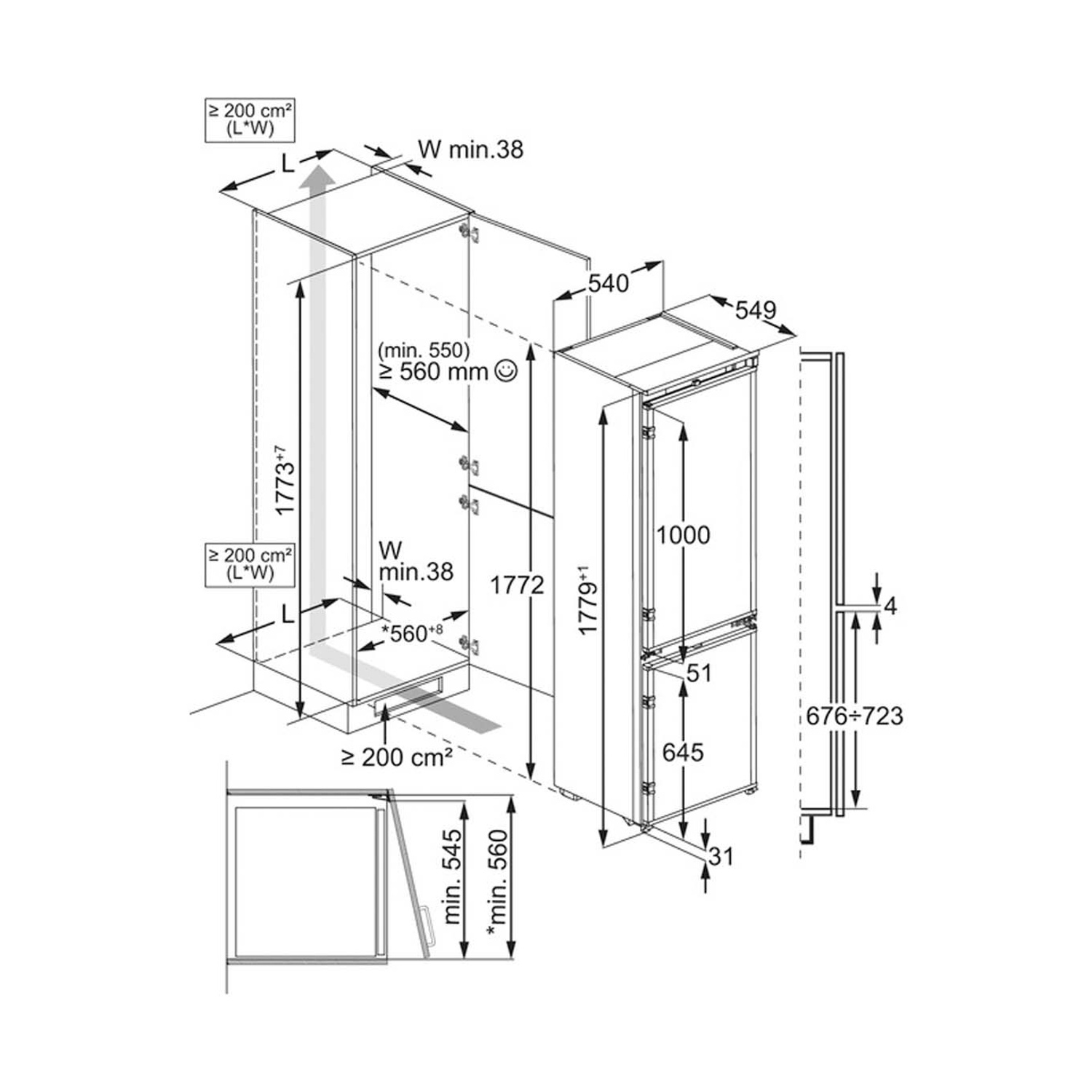 Disegno tecnico di un frigorifero con dimensioni e note di installazione.