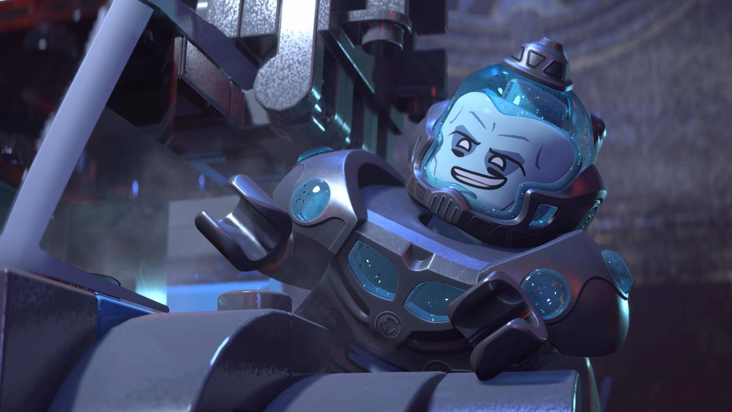 Un personaje de Lego con traje azul y plateado mirando a la derecha.