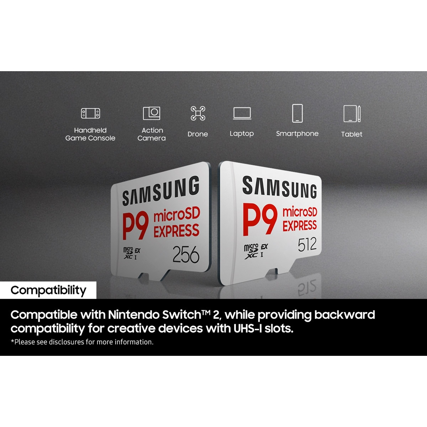 Schede Samsung P9 microSD Express, 256GB e 512GB, per dispositivi.